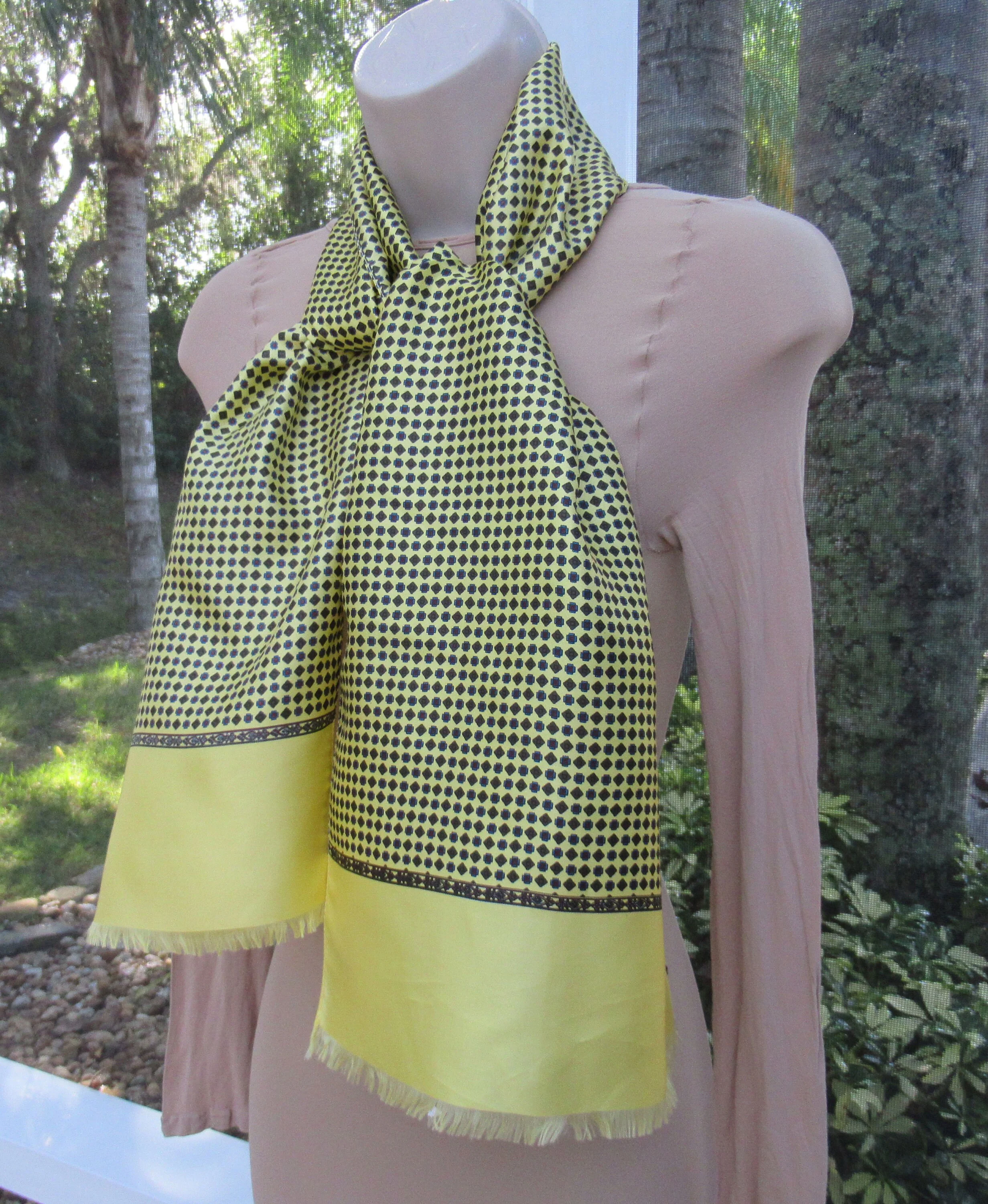 Silk Tuxedo Style Scarf 100% Silk Made In Italy 54 by 12 Inch Oblong Narrow Self Fringe Both Ends Yellow Gray Red Geometric Vintage - Image 7