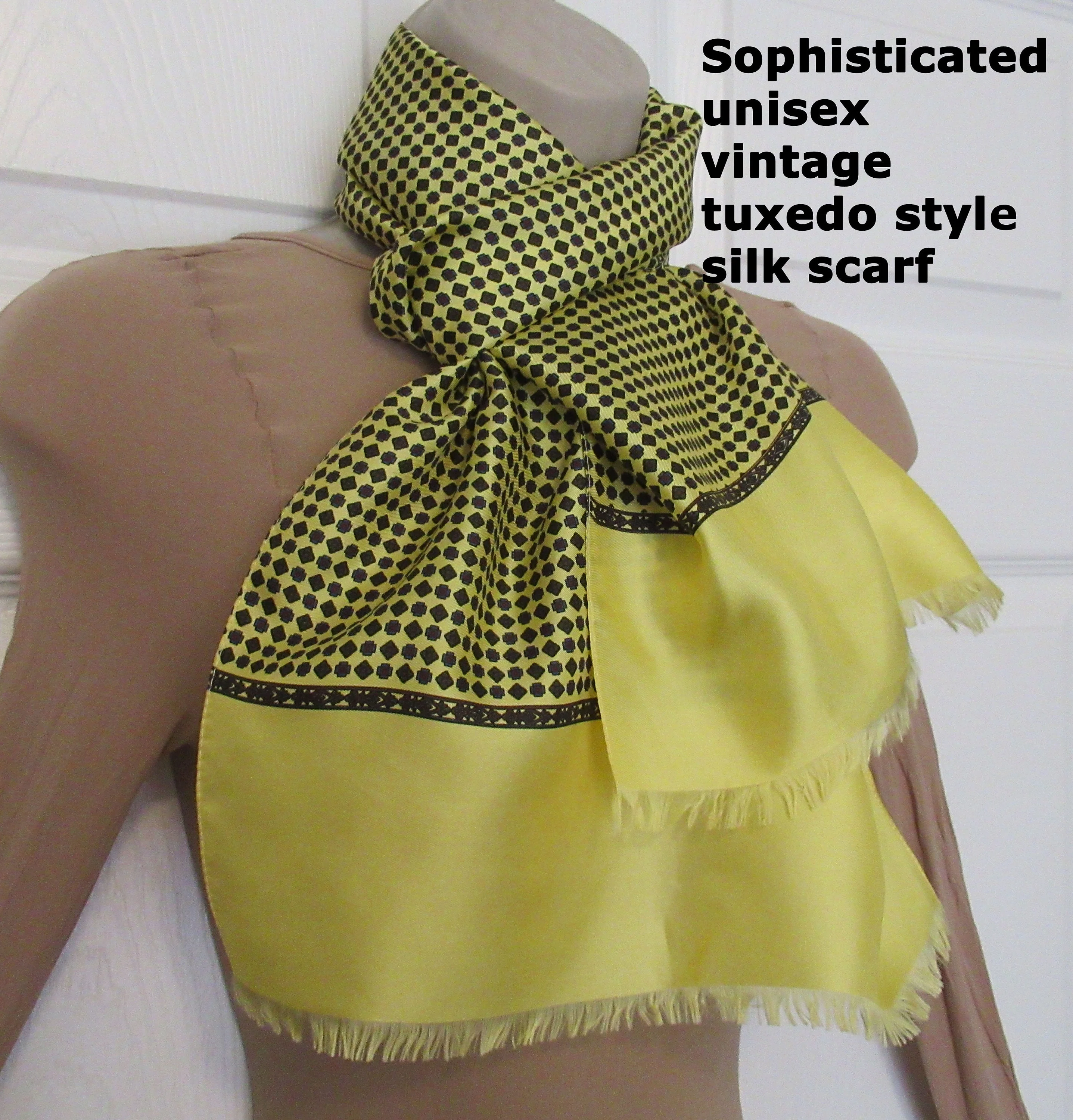 Silk Tuxedo Style Scarf 100% Silk Made In Italy 54 by 12 Inch Oblong Narrow Self Fringe Both Ends Yellow Gray Red Geometric Vintage - Image 9