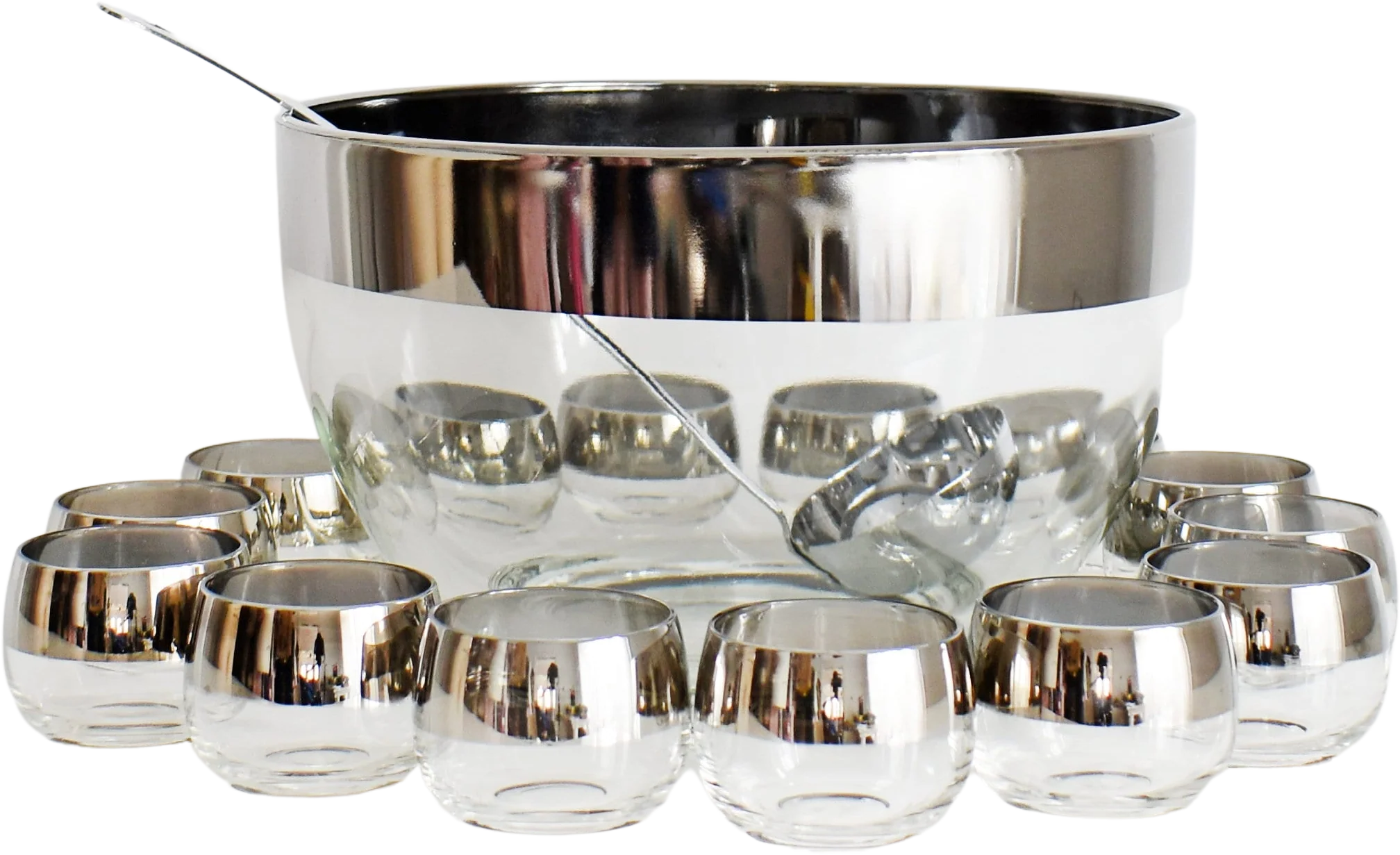Silver Roly Poly Punch Bowl Set Mid Century Dorothy Thorpe Style Cocktail Set with Ladle, Vintage Holiday Entertaining