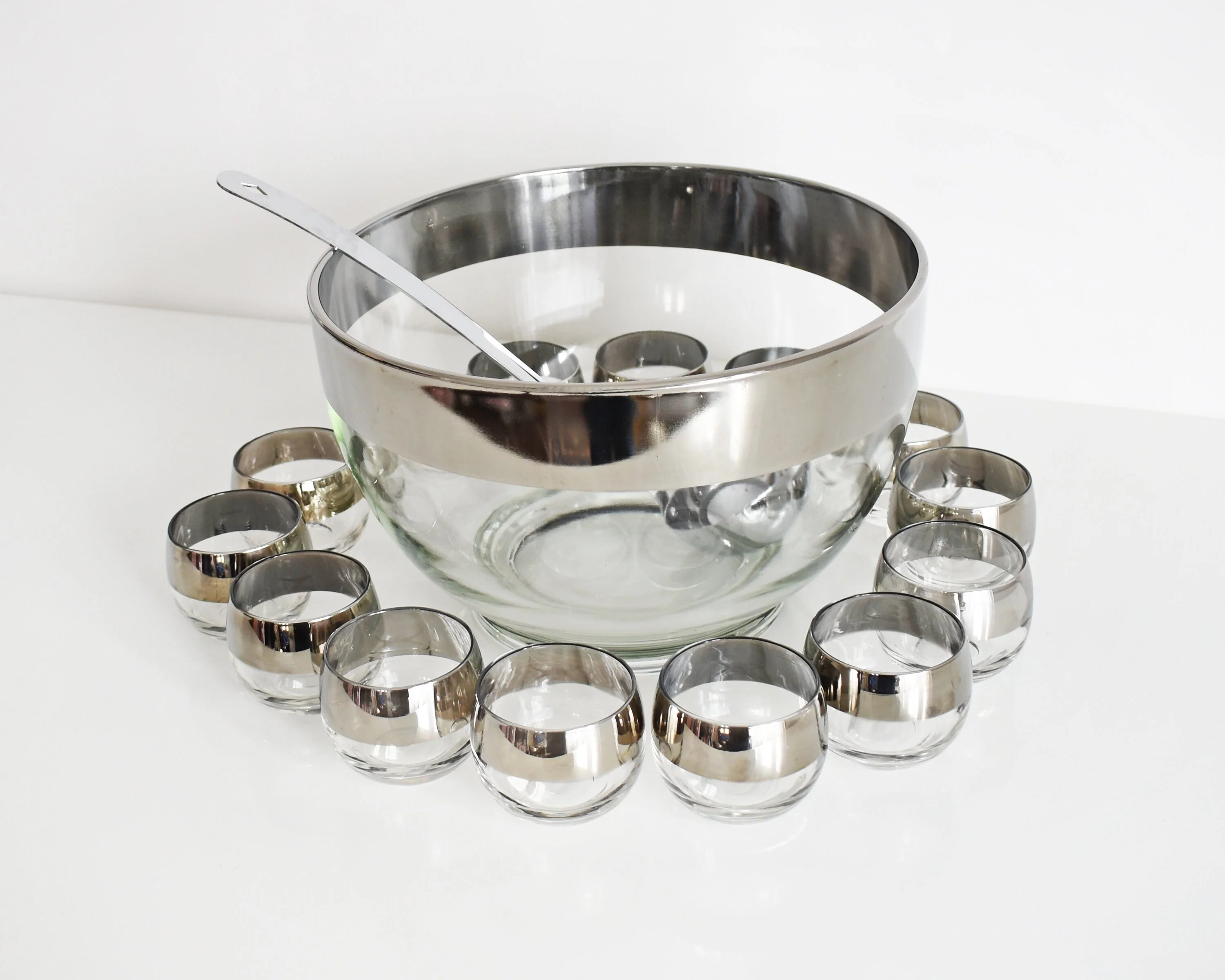 Silver Roly Poly Punch Bowl Set Mid Century Dorothy Thorpe Style Cocktail Set with Ladle, Vintage Holiday Entertaining - Image 2