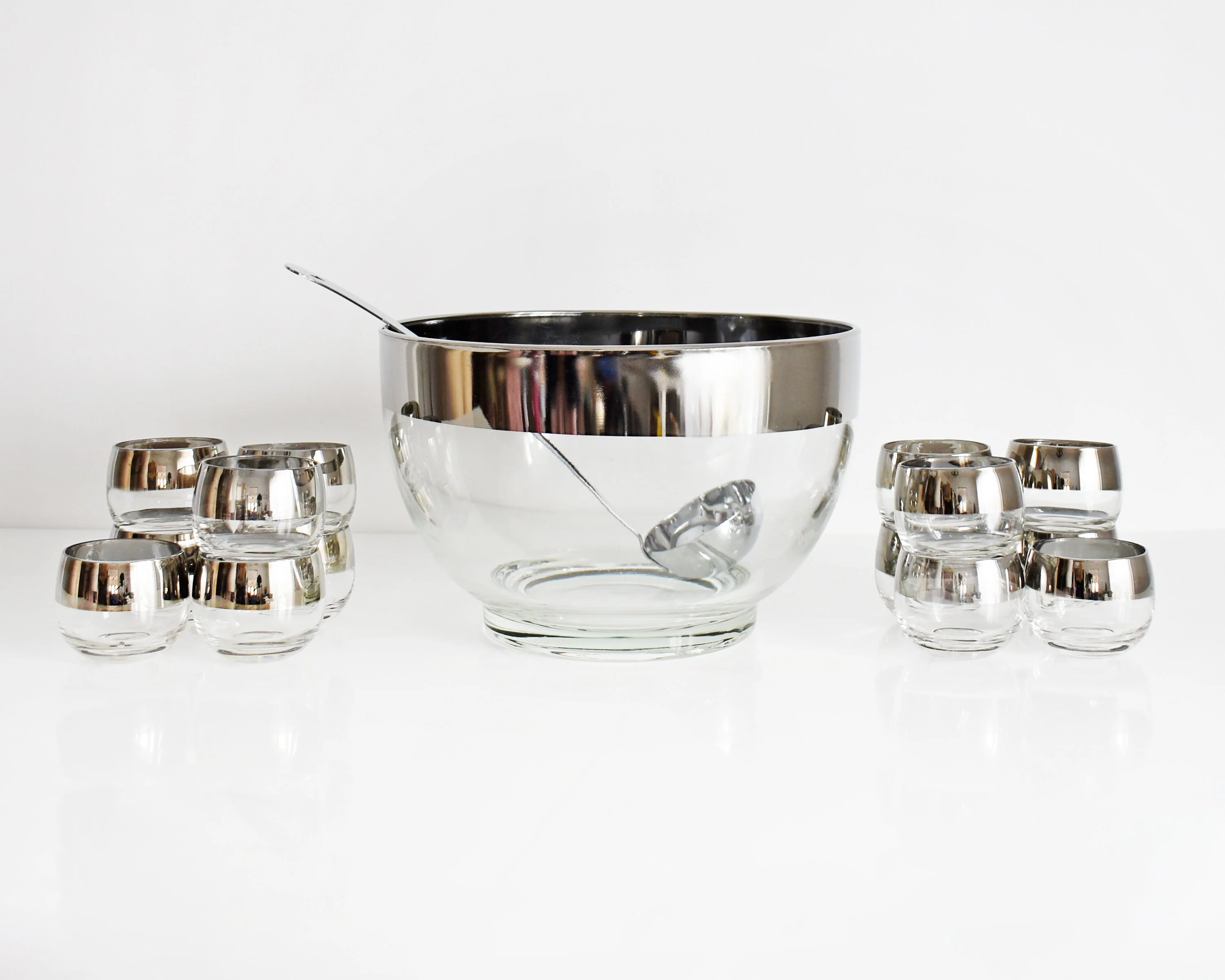 Silver Roly Poly Punch Bowl Set Mid Century Dorothy Thorpe Style Cocktail Set with Ladle, Vintage Holiday Entertaining - Image 3