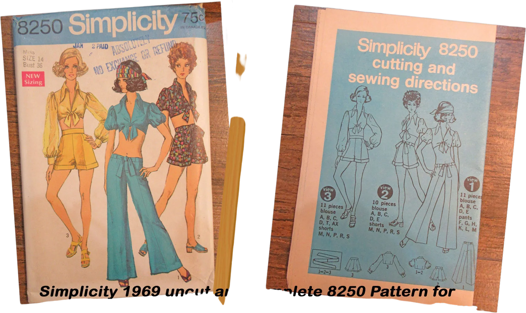 Simplicity 1969 Uncut 8250 Pattern for Bare Midriff Blouse Shorts and Hip Hugger Bell Bottoms by Simplicity
