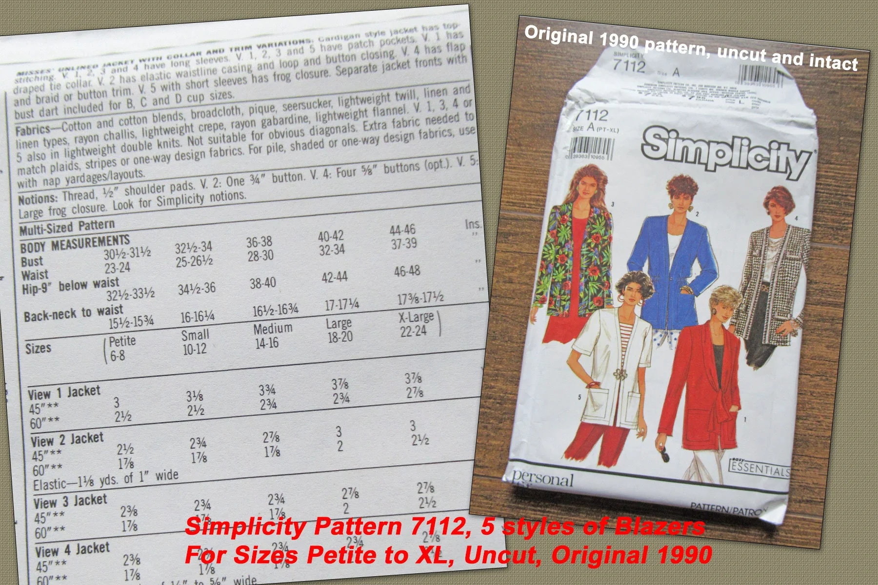 Simplicity 1990 Pattern 7112 for 5 Variations of V-Neck Tunic Length Blazer Size A, for Sizes Petite To Xl, Uncut/complete, Made In Usa - Image 2