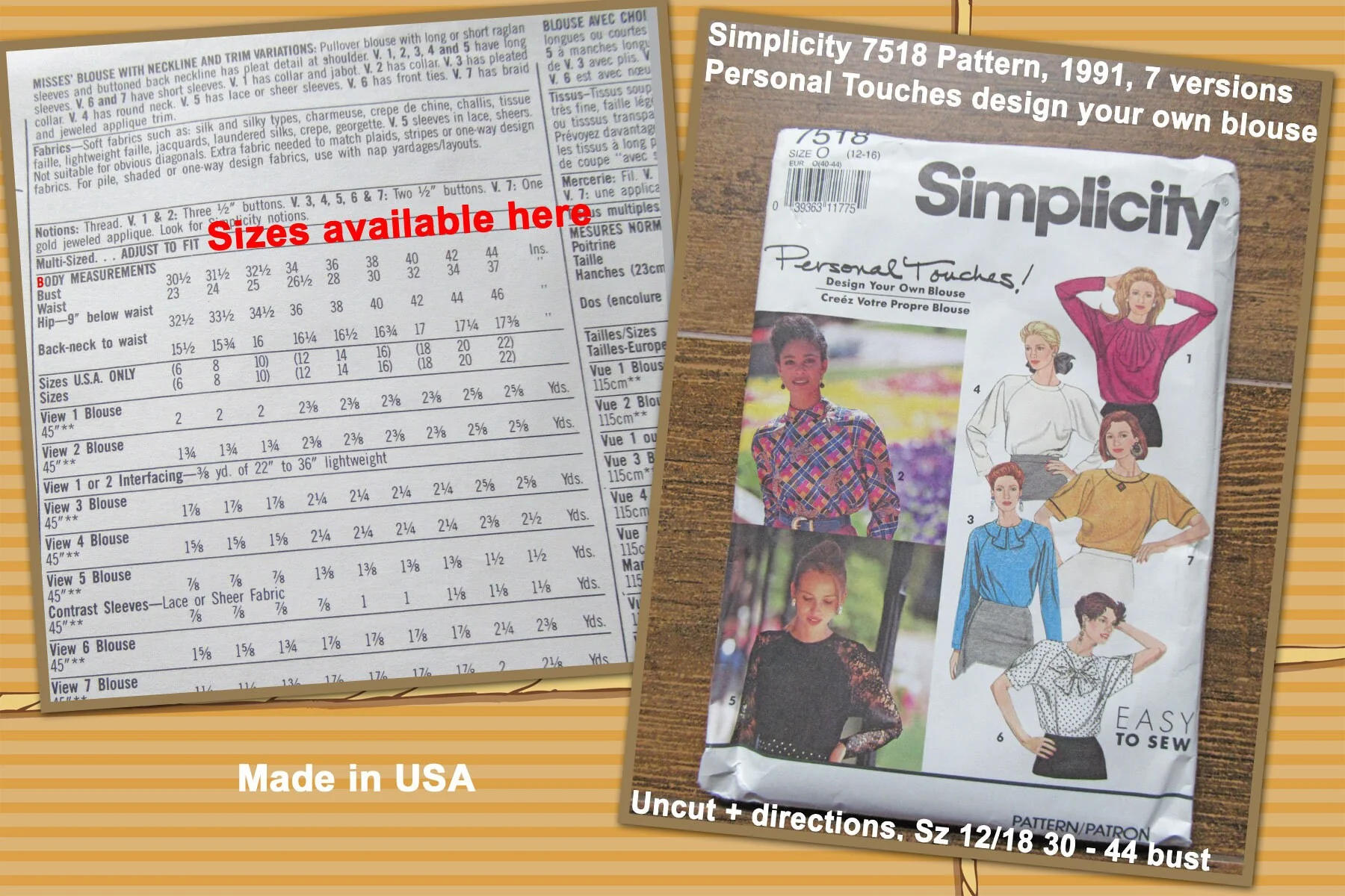 Simplicity 7518 Pattern 7 Versions, Personal Touches Design Your Own Blouse, 1991, Uncut with Directions, Sz 12/18 30 - 44 Bust, Made Usa - Image 2