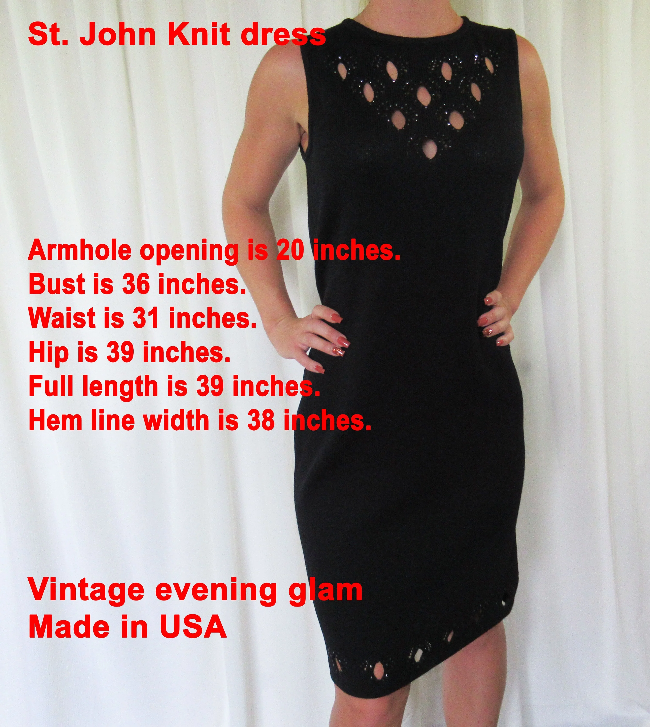 Size 6 Evening Dress Sleeveless Black Open Knit Bead Accents At Bodice and Hem Slim Fitted Knee Length Made In Usa Vtg by St John Knit - Image 3