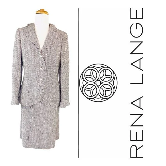 Skirt Suit “blossom Noir” Tweed Color A-Line Skirt Ruffle Blazer 10 by Rena Lange - Image 2