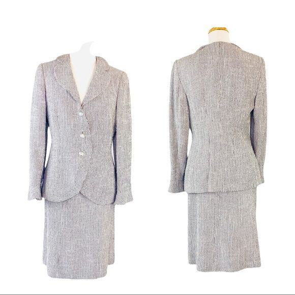 Skirt Suit “blossom Noir” Tweed Color A-Line Skirt Ruffle Blazer 10 by Rena Lange - Image 3