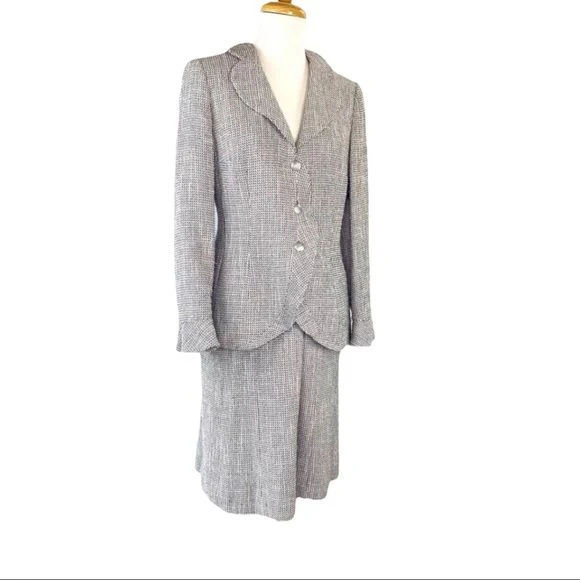 Skirt Suit “blossom Noir” Tweed Color A-Line Skirt Ruffle Blazer 10 by Rena Lange - Image 4