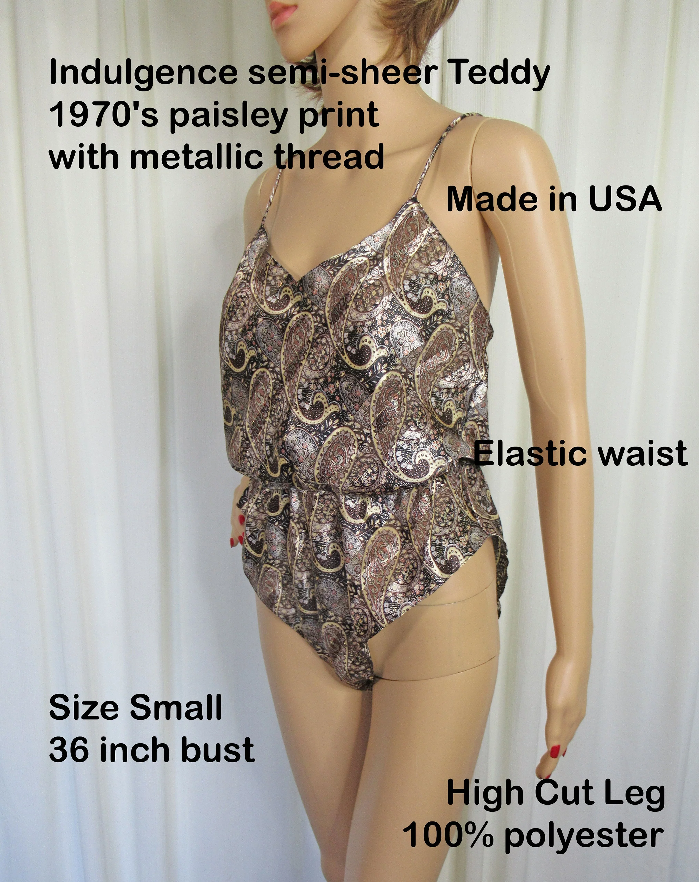 Sm 36 Inch Bust Teddy 70s Paisley Metallic Thread High Cut Leg Indulgence Made In Usa Black/brown/cream Polyester Spaghetti Straps - Image 3