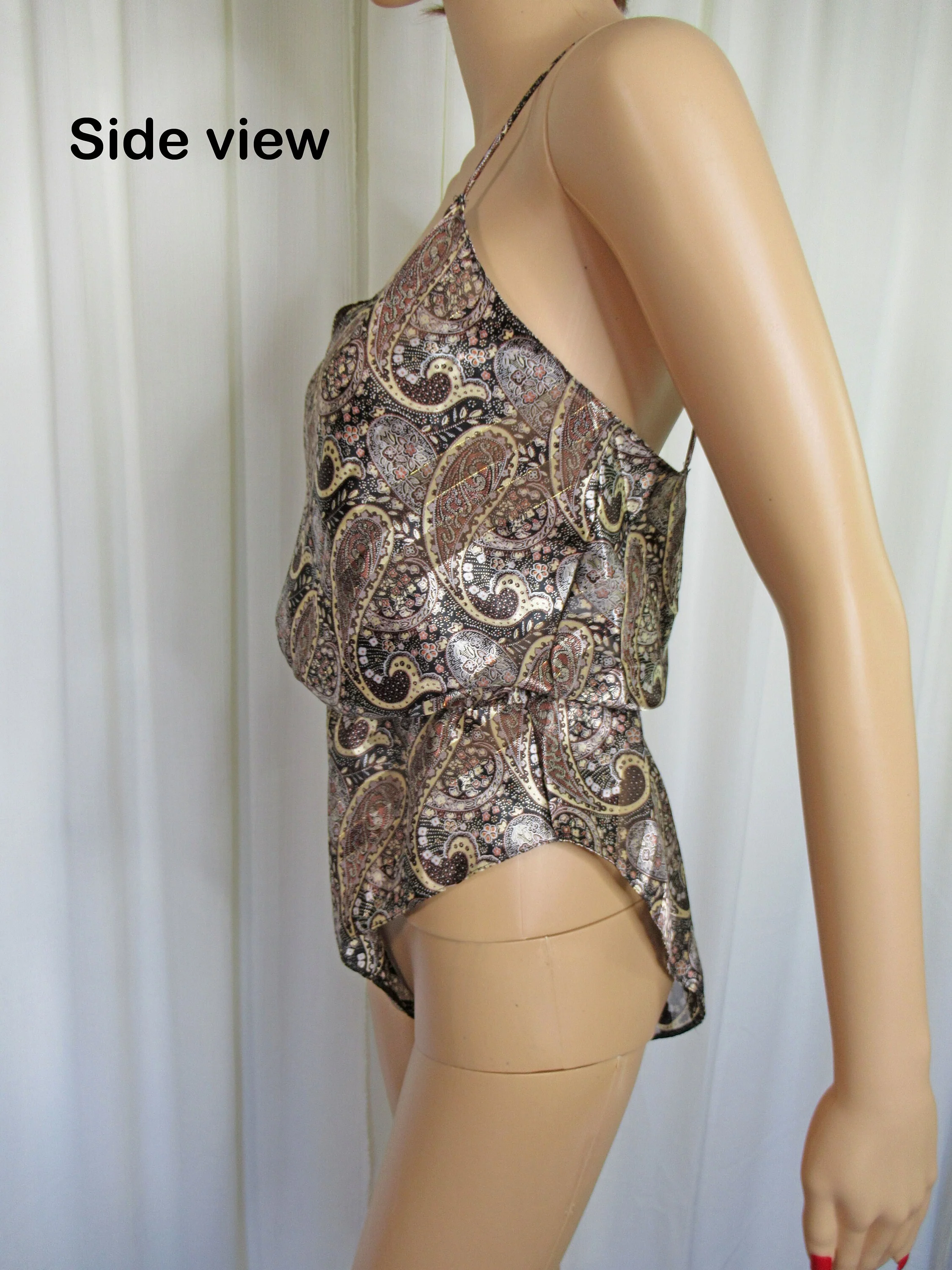 Sm 36 Inch Bust Teddy 70s Paisley Metallic Thread High Cut Leg Indulgence Made In Usa Black/brown/cream Polyester Spaghetti Straps - Image 5
