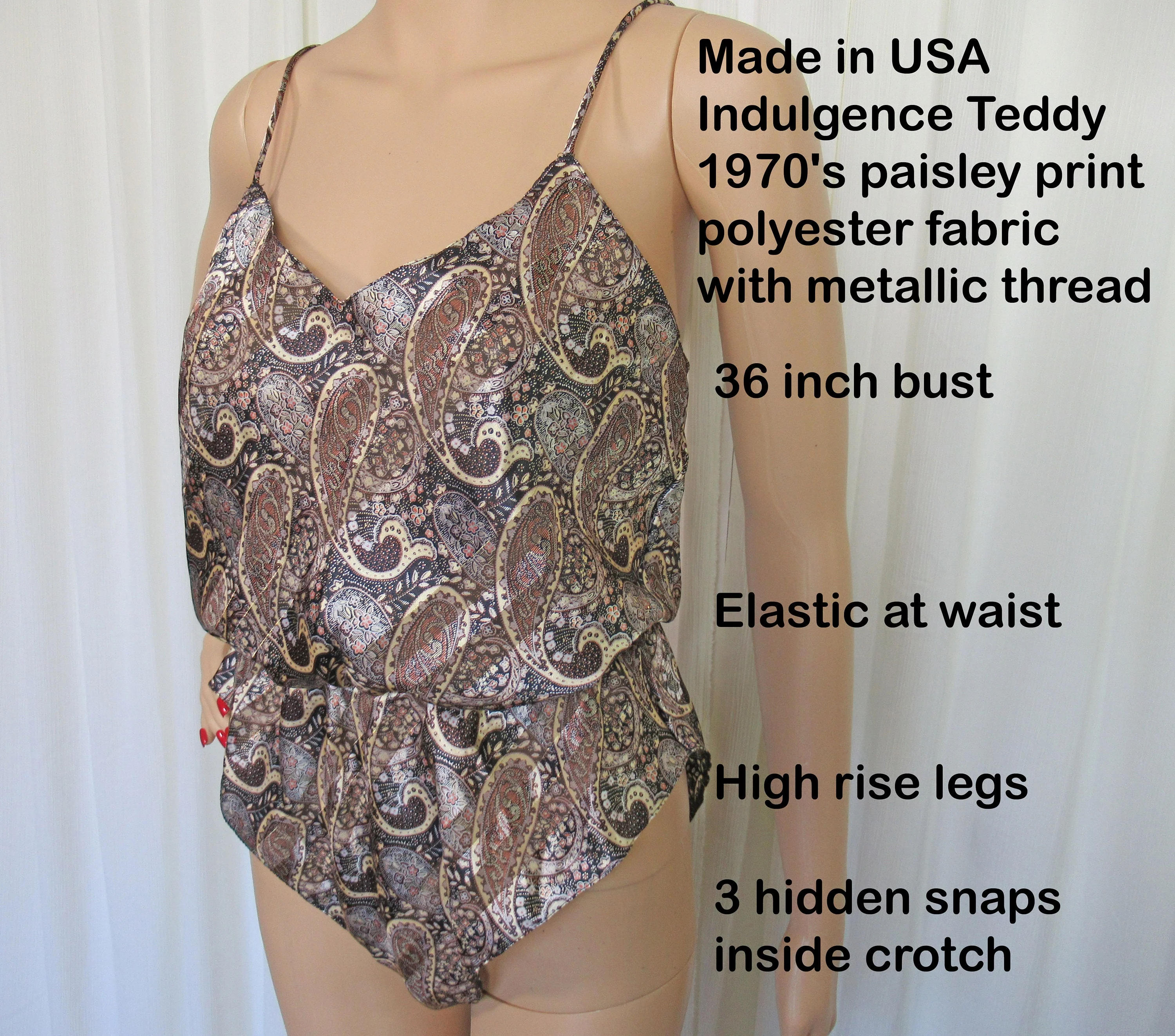 Sm 36 Inch Bust Teddy 70s Paisley Metallic Thread High Cut Leg Indulgence Made In Usa Black/brown/cream Polyester Spaghetti Straps - Image 8