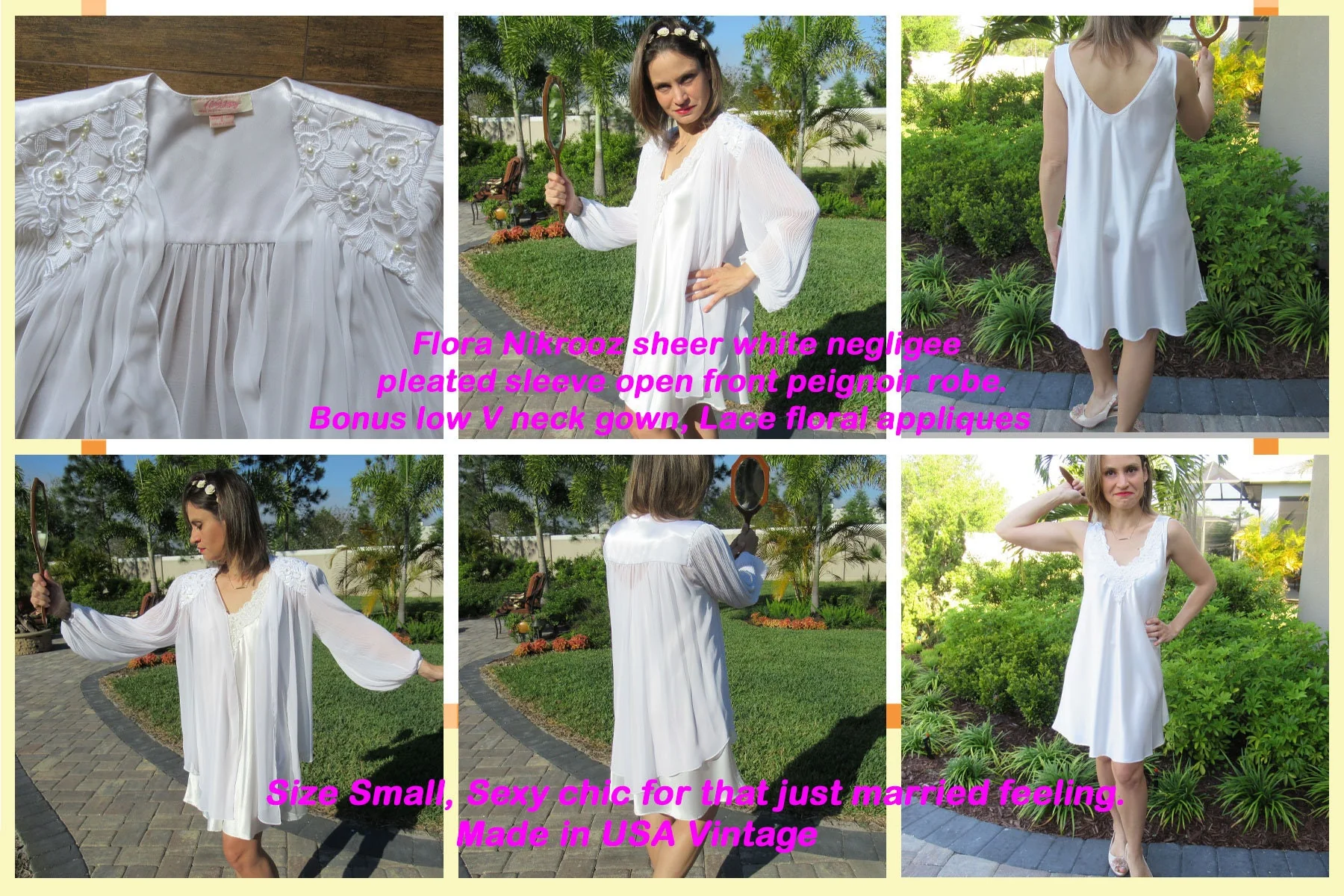 Sm Flora Nikrooz Negligee Sheer White Pleated Sleeve Open Front Robe Bonus Low V-Neck Gown Lace Floral Applique Chic by Flora Nikrooz - Image 3