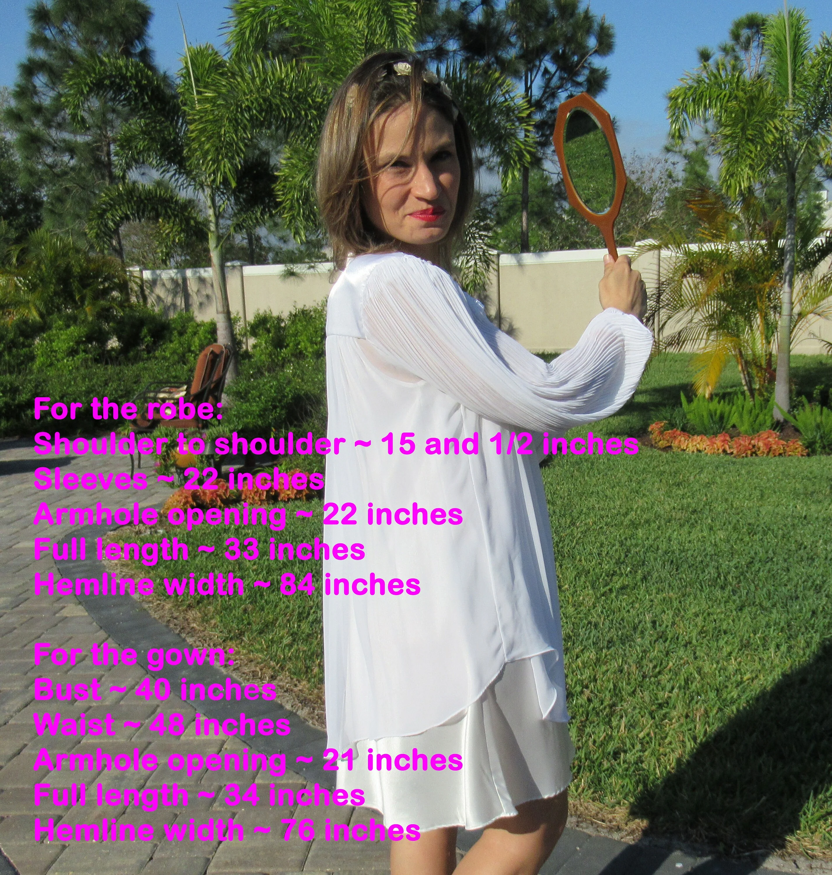 Sm Flora Nikrooz Negligee Sheer White Pleated Sleeve Open Front Robe Bonus Low V-Neck Gown Lace Floral Applique Chic by Flora Nikrooz - Image 4