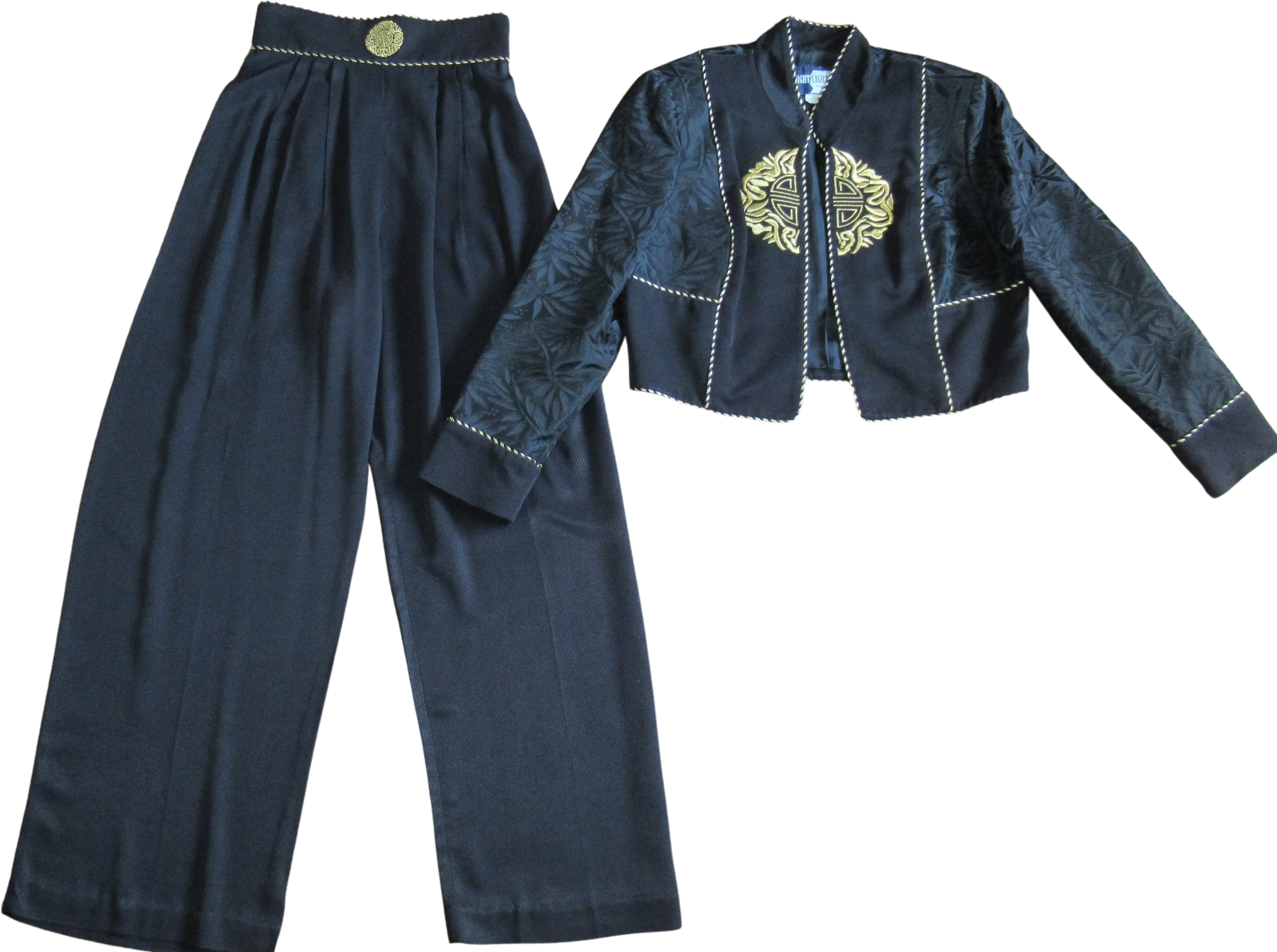 Sm Jacket and Palazzo Night Lights Black Gold Length Blazer High Pants Acetate Rayon by Michael Calderon For Night Lights