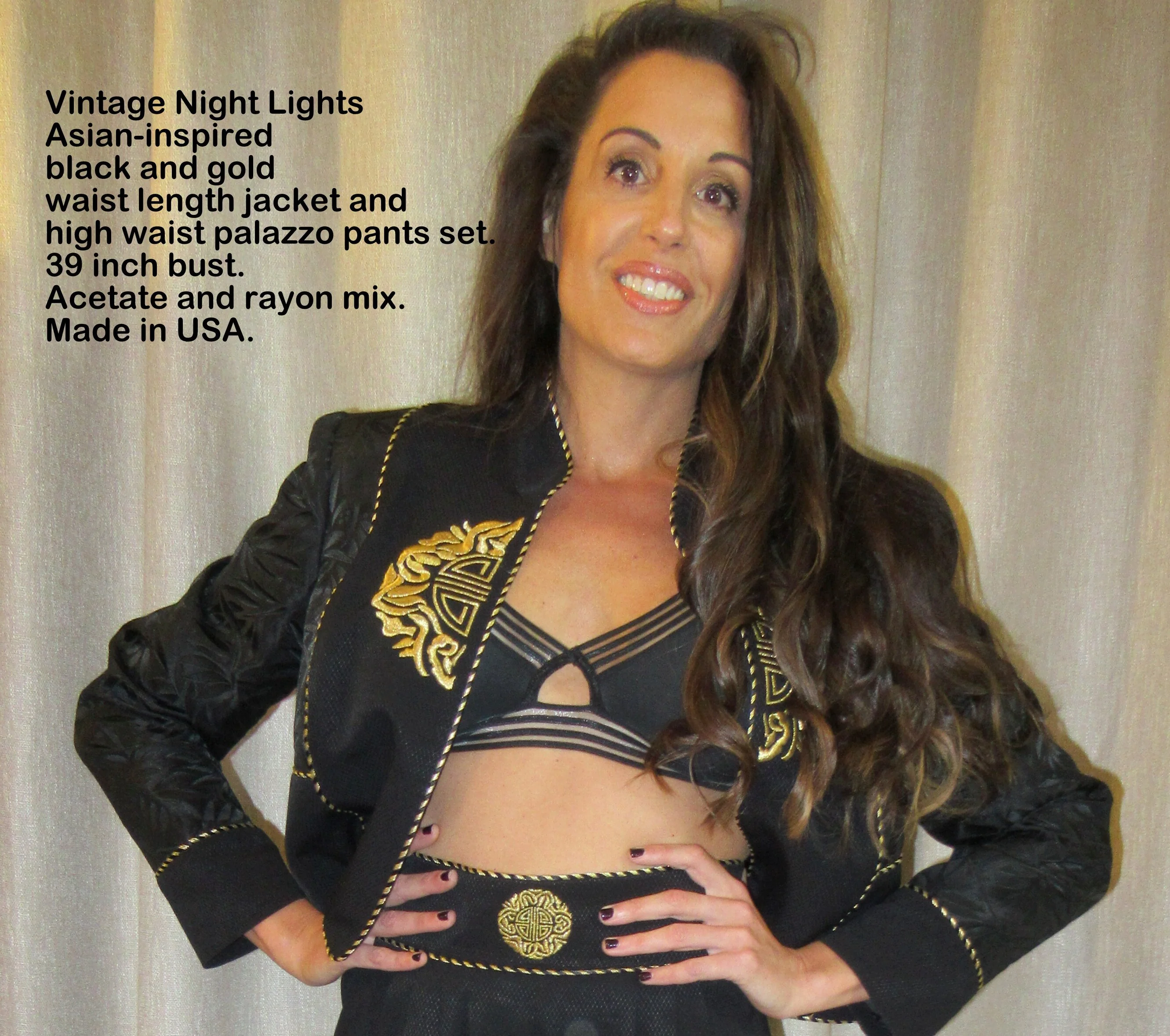 Sm Jacket and Palazzo Night Lights Black Gold Length Blazer High Pants Acetate Rayon by Michael Calderon For Night Lights - Image 3