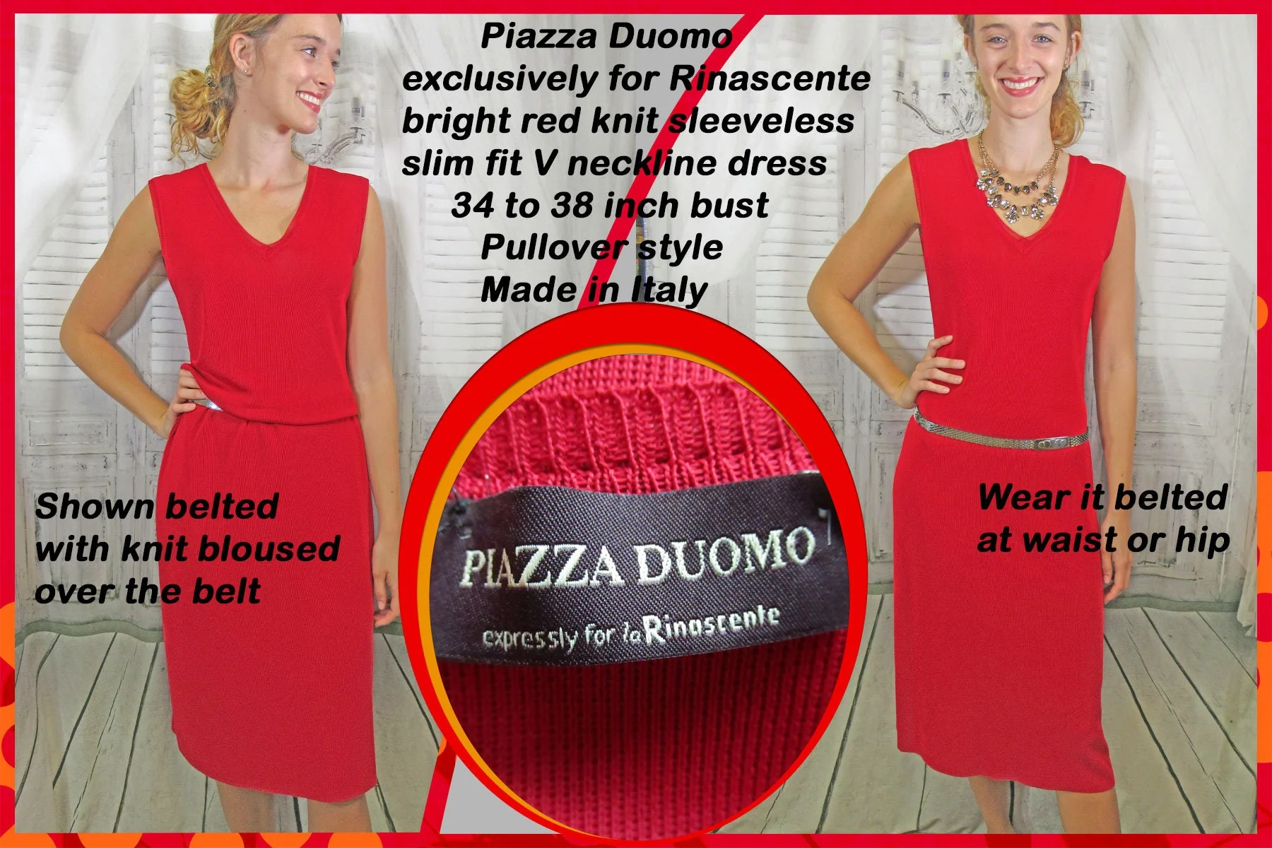 Sm Knit Dress Piazza Duomo Exclusively for Rinascente Bright Red Sleeveless Slim Pullover Vintage by Piazza Duomo - Image 3