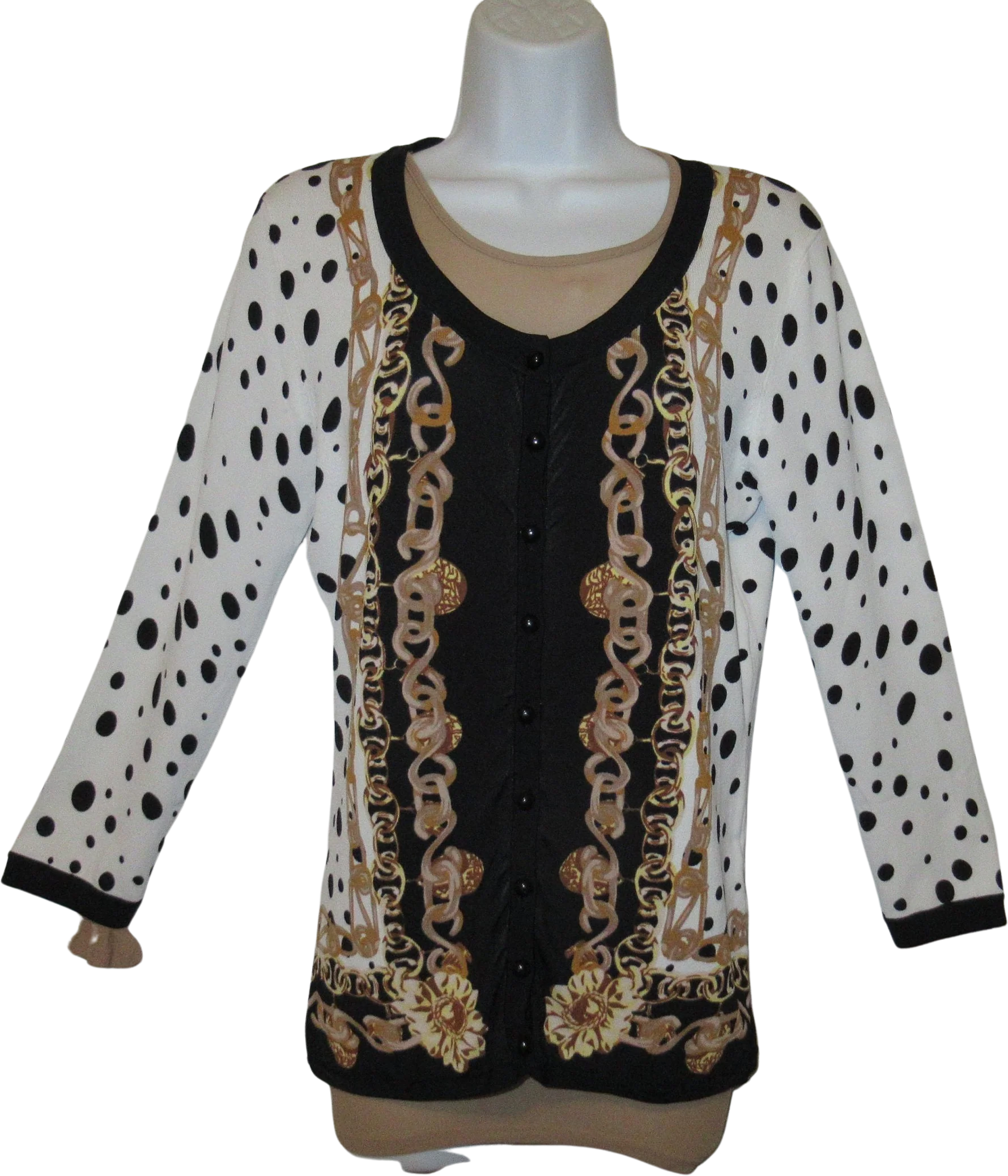 Sm Soft Knit Sweater Metric Brand Black White and Gold Small Rayon Nylon and Spandex Mix 9 Small Black Front Buttons Scoop Neckline by Metric