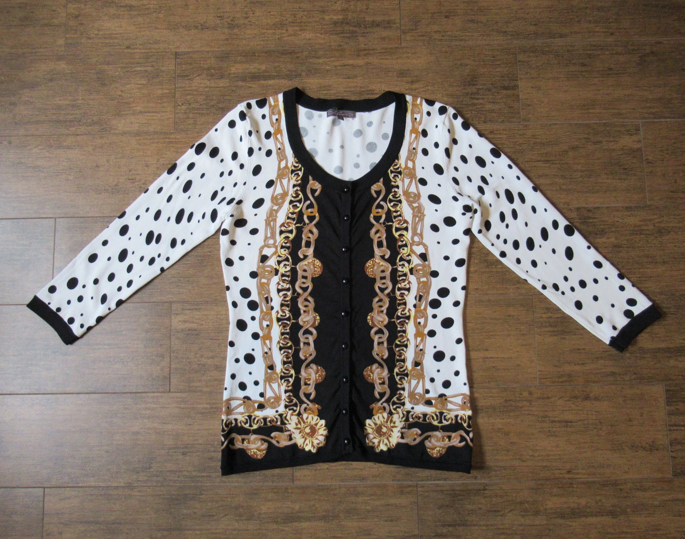 Sm Soft Knit Sweater Metric Brand Black White and Gold Small Rayon Nylon and Spandex Mix 9 Small Black Front Buttons Scoop Neckline by Metric - Image 2
