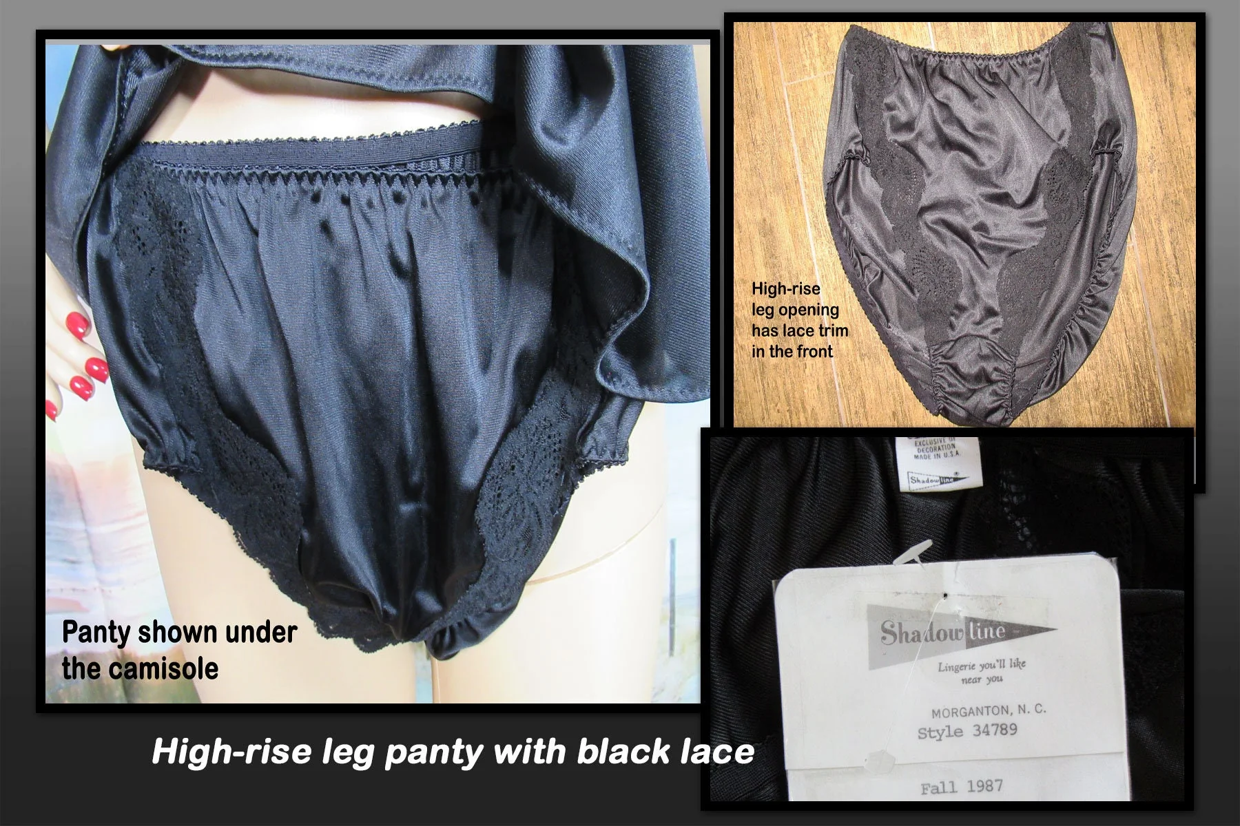 Small Shadowline Camisole and Panty Set Black Nylon with Lace Spaghetti Straps Low Cut Bodice 1987 by Shadowline - Image 10