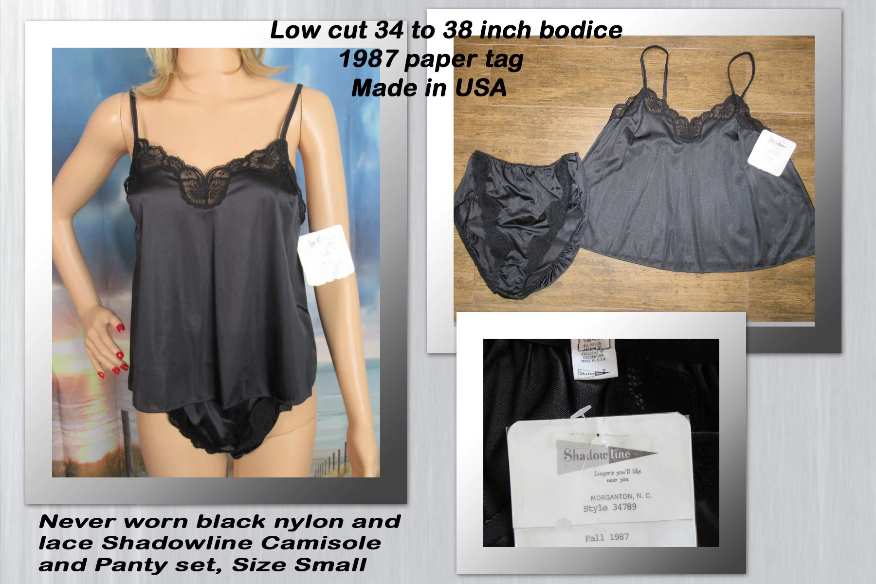 Small Shadowline Camisole and Panty Set Black Nylon with Lace Spaghetti Straps Low Cut Bodice 1987 by Shadowline - Image 2