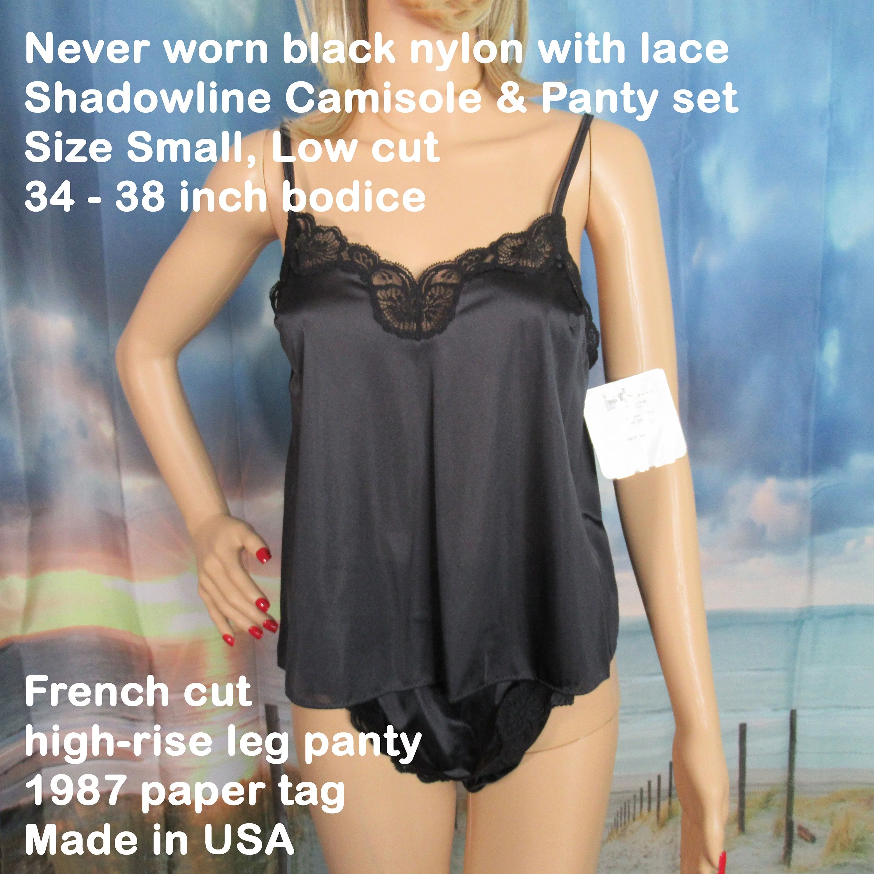 Small Shadowline Camisole and Panty Set Black Nylon with Lace Spaghetti Straps Low Cut Bodice 1987 by Shadowline - Image 4
