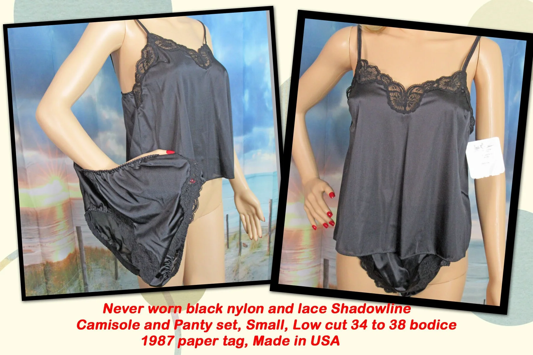 Small Shadowline Camisole and Panty Set Black Nylon with Lace Spaghetti Straps Low Cut Bodice 1987 by Shadowline - Image 5