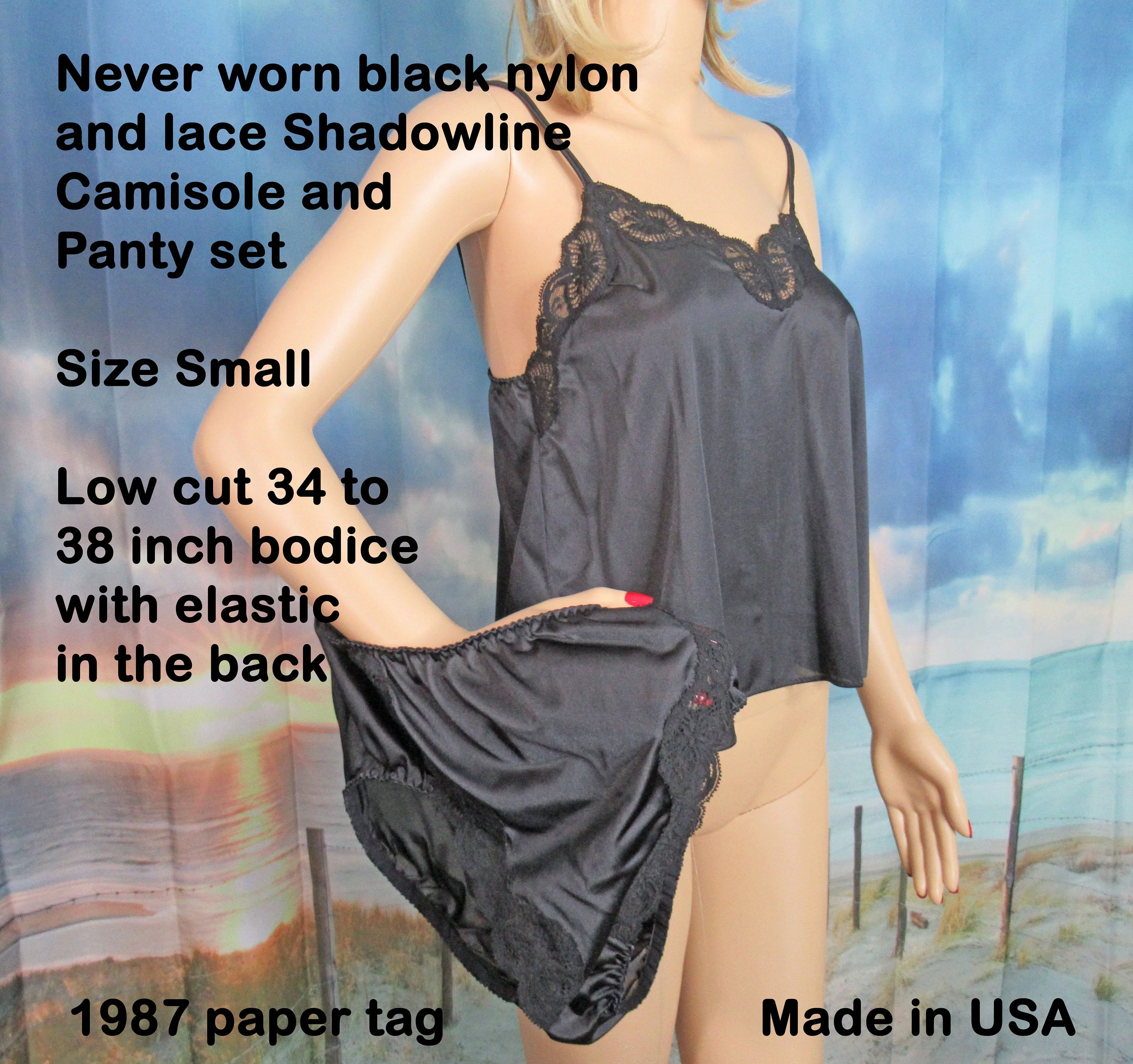 Small Shadowline Camisole and Panty Set Black Nylon with Lace Spaghetti Straps Low Cut Bodice 1987 by Shadowline - Image 8