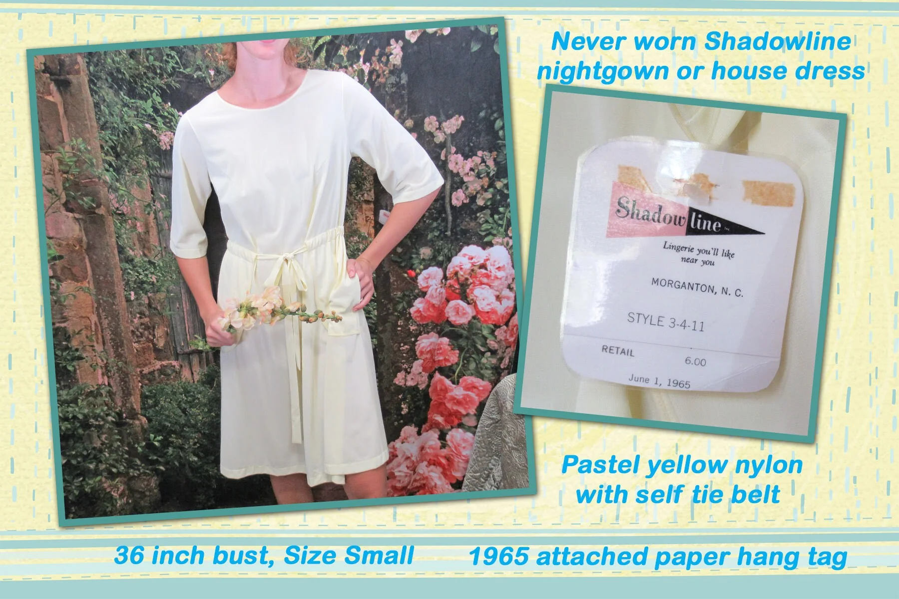 Small Shadowline Nightgown House Dress W Original Yellow Nylon by Shadowline - Image 3