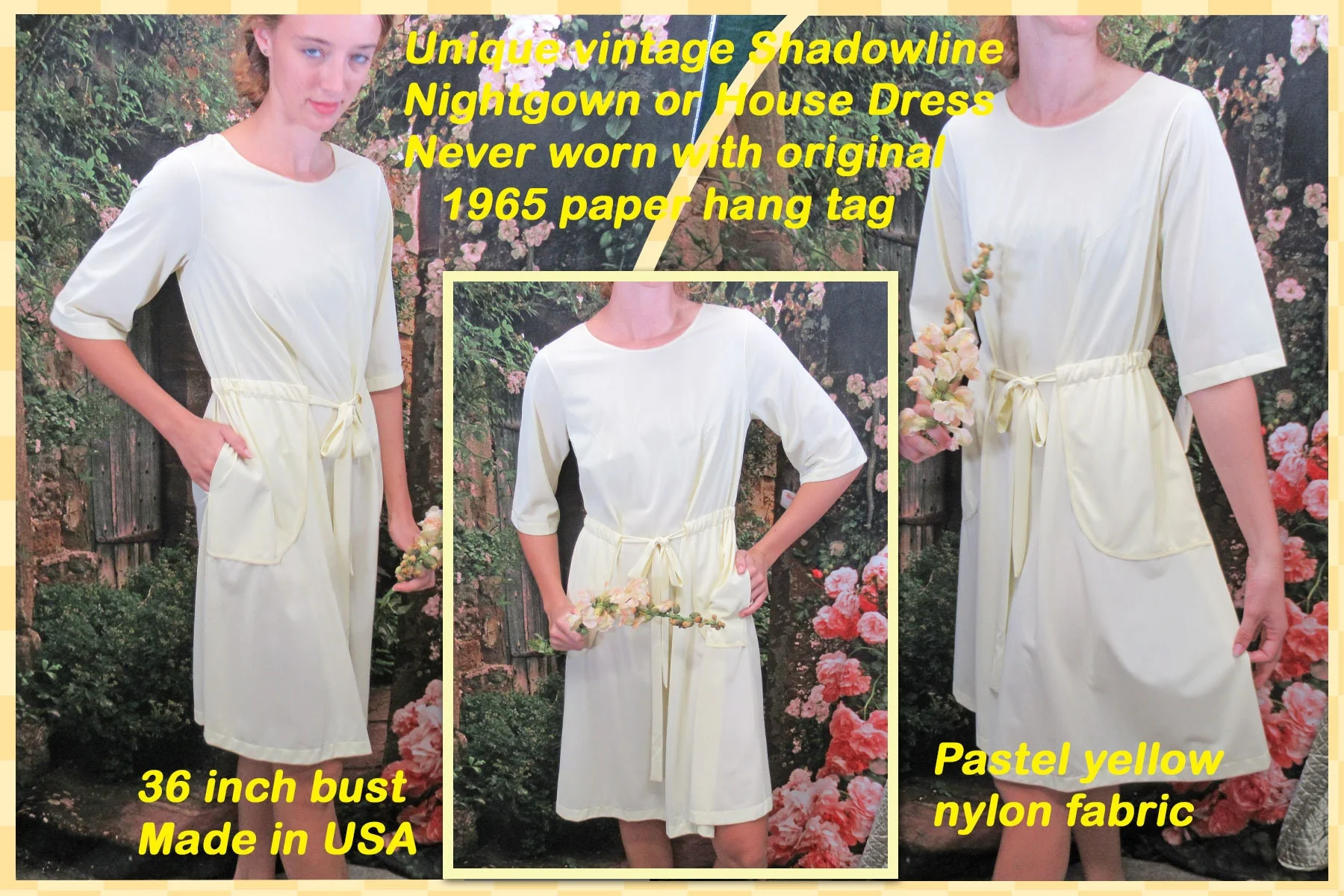 Small Shadowline Nightgown House Dress W Original Yellow Nylon by Shadowline - Image 8