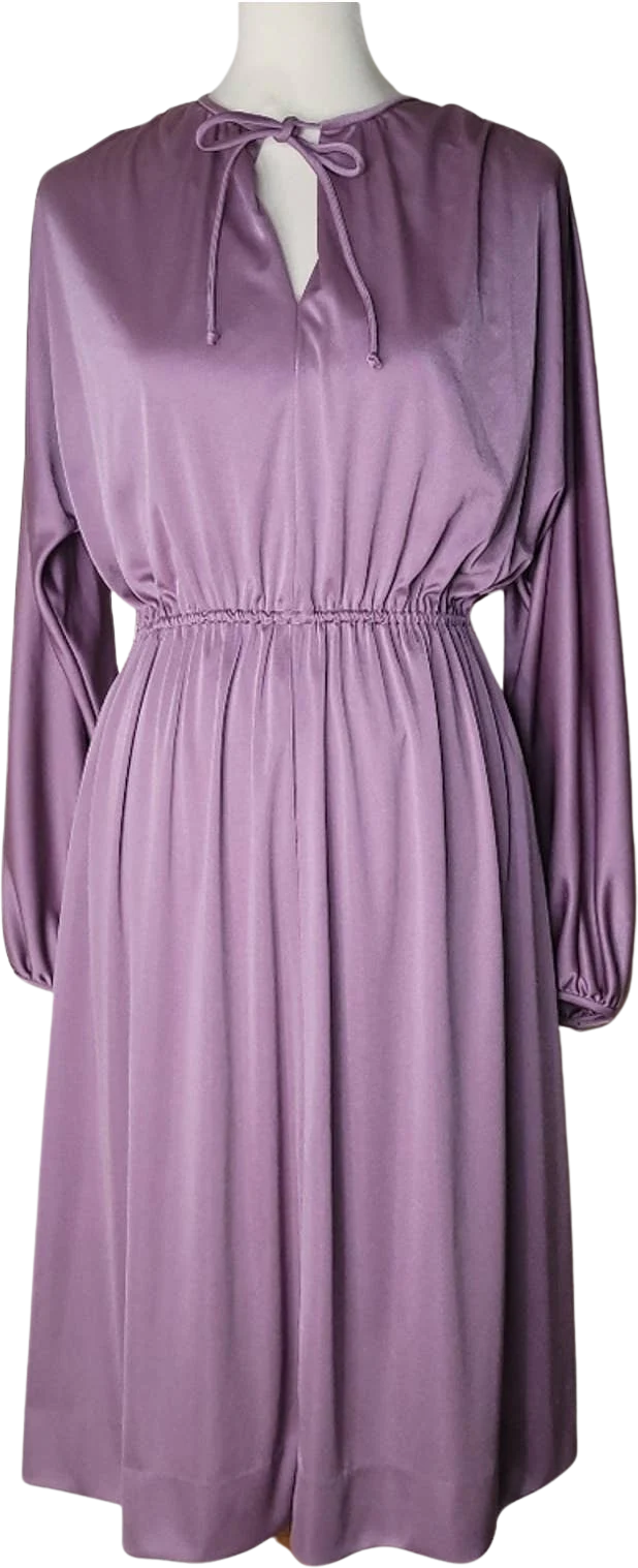 Soft Purple Gathered Long-Sleeved Dress with Front Tie - Sz. L by Stephan Casuals