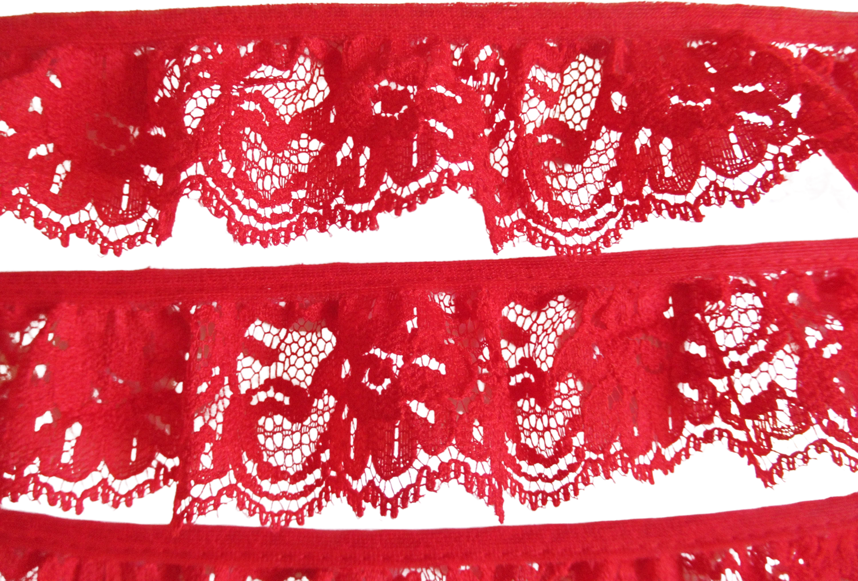 Softly Ruffled Floral Lace 1 and 1/2 Yards of 1 and 1/2 Inch Wide Sheer Trim Uncut Piece Scalloped Edge Trim The Town Bright Red Vtg