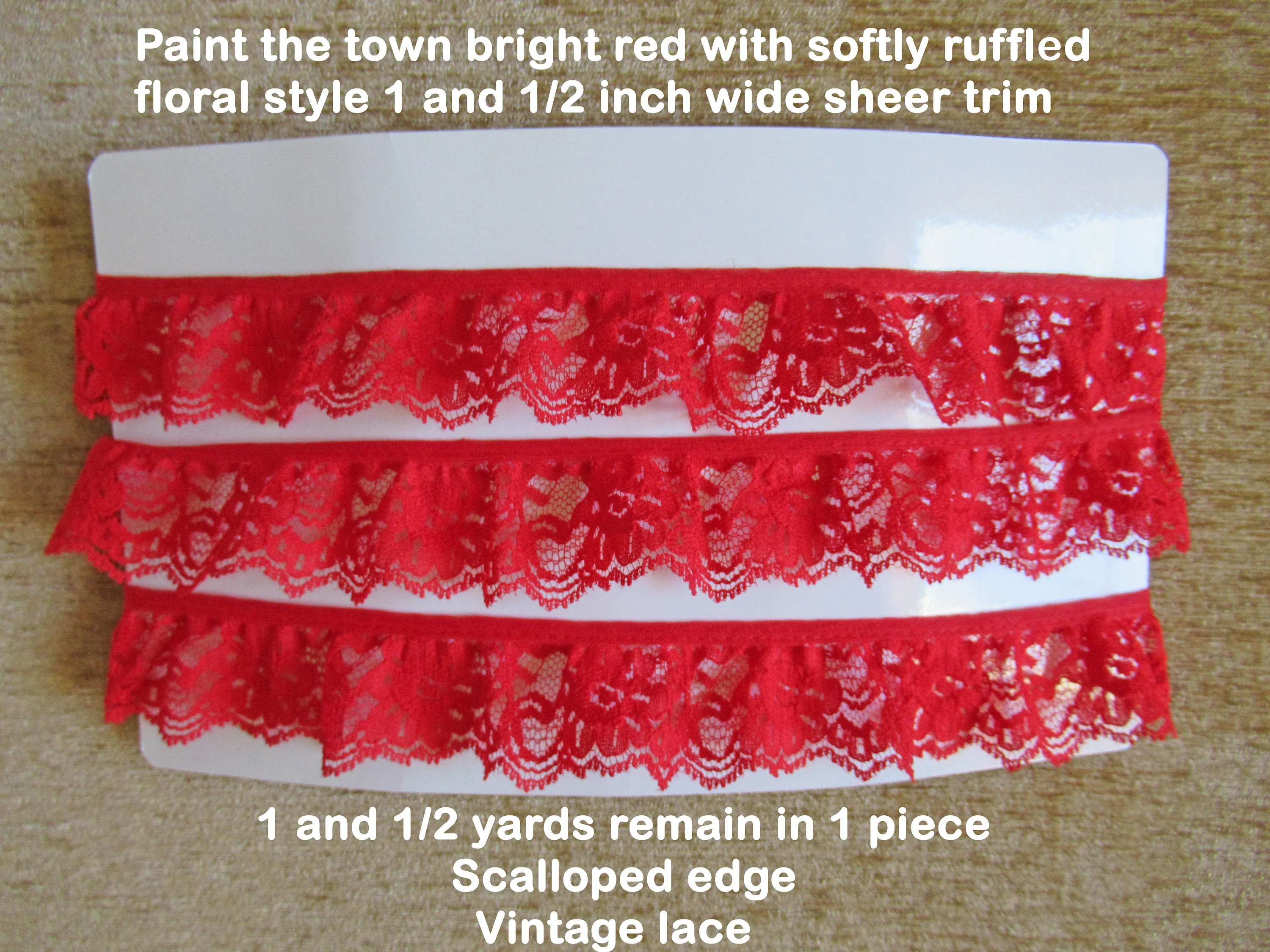 Softly Ruffled Floral Lace 1 and 1/2 Yards of 1 and 1/2 Inch Wide Sheer Trim Uncut Piece Scalloped Edge Trim The Town Bright Red Vtg - Image 3