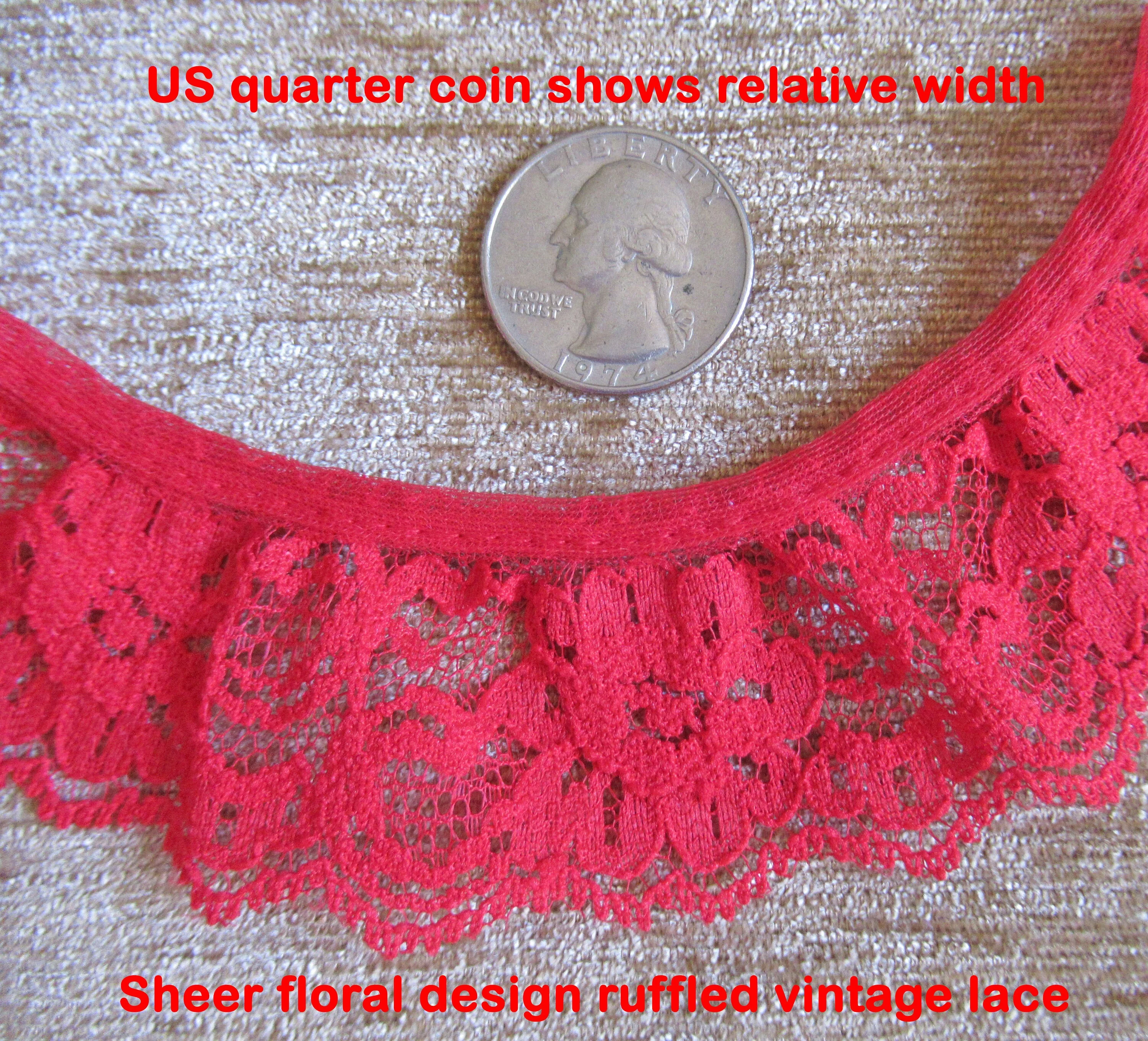 Softly Ruffled Floral Lace 1 and 1/2 Yards of 1 and 1/2 Inch Wide Sheer Trim Uncut Piece Scalloped Edge Trim The Town Bright Red Vtg - Image 4