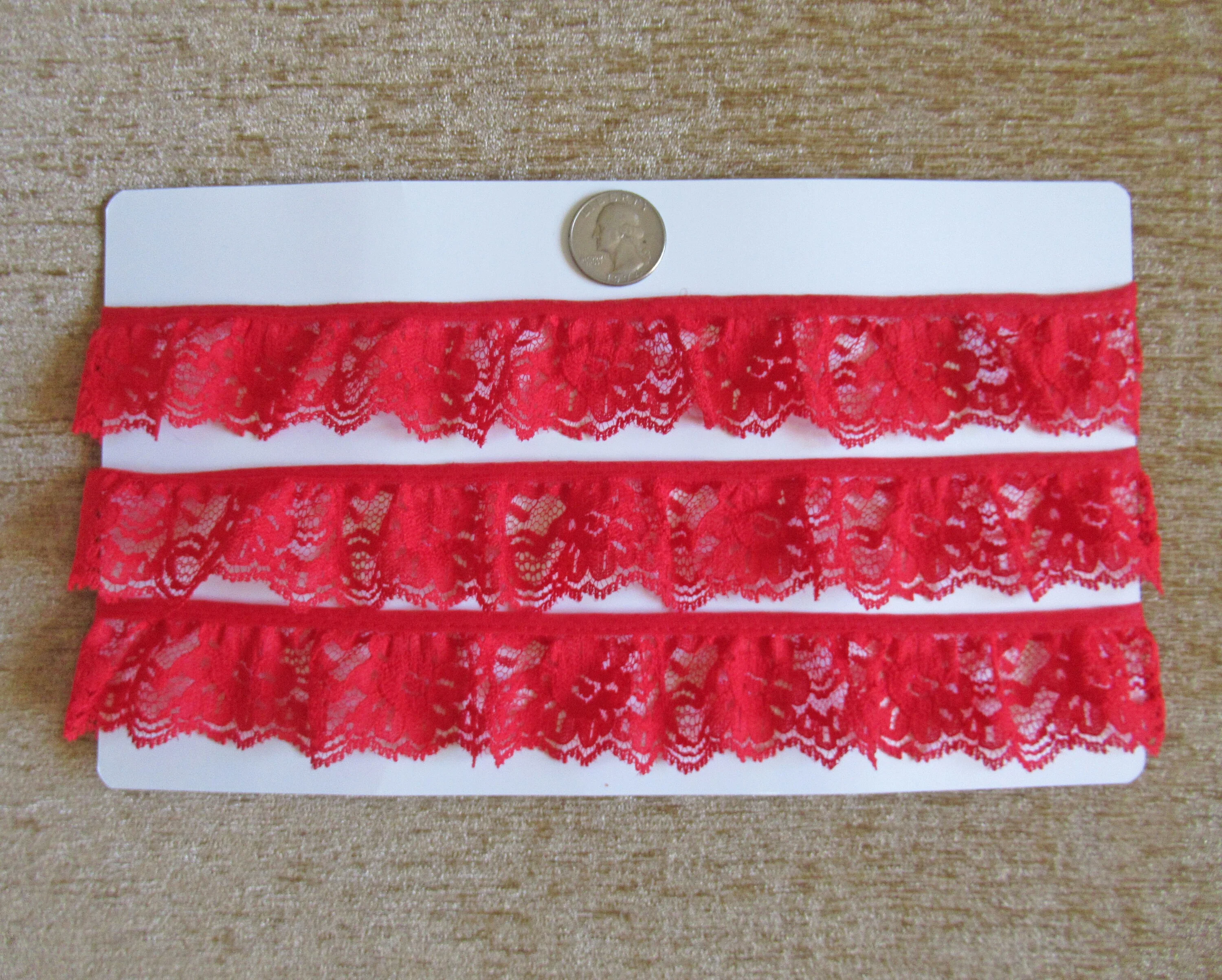 Softly Ruffled Floral Lace 1 and 1/2 Yards of 1 and 1/2 Inch Wide Sheer Trim Uncut Piece Scalloped Edge Trim The Town Bright Red Vtg - Image 5