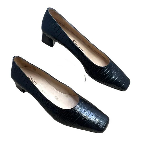 Black Spain Croc Print Leather Pumps with Box by Salvatore Ferragamo - Image 6