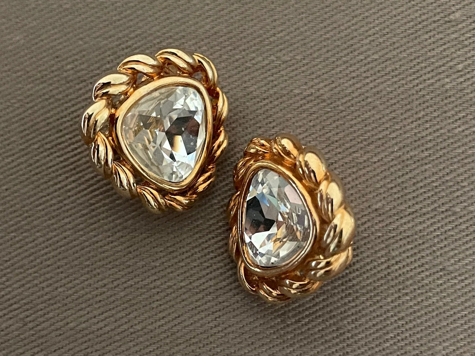 Sparkling Signed Crystal Triangle Rope Frame Clip On Statement Earrings by SAL - Image 3