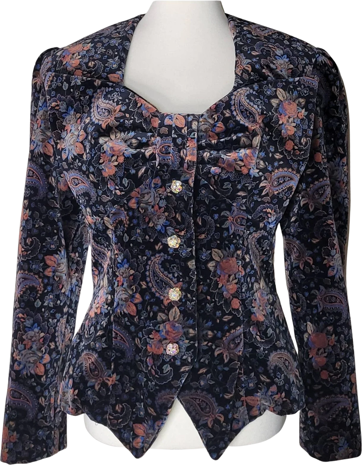 Specially Fashioned Vintage Black Paisley Long-Sleeved Blouse with Bow- L by Gloria