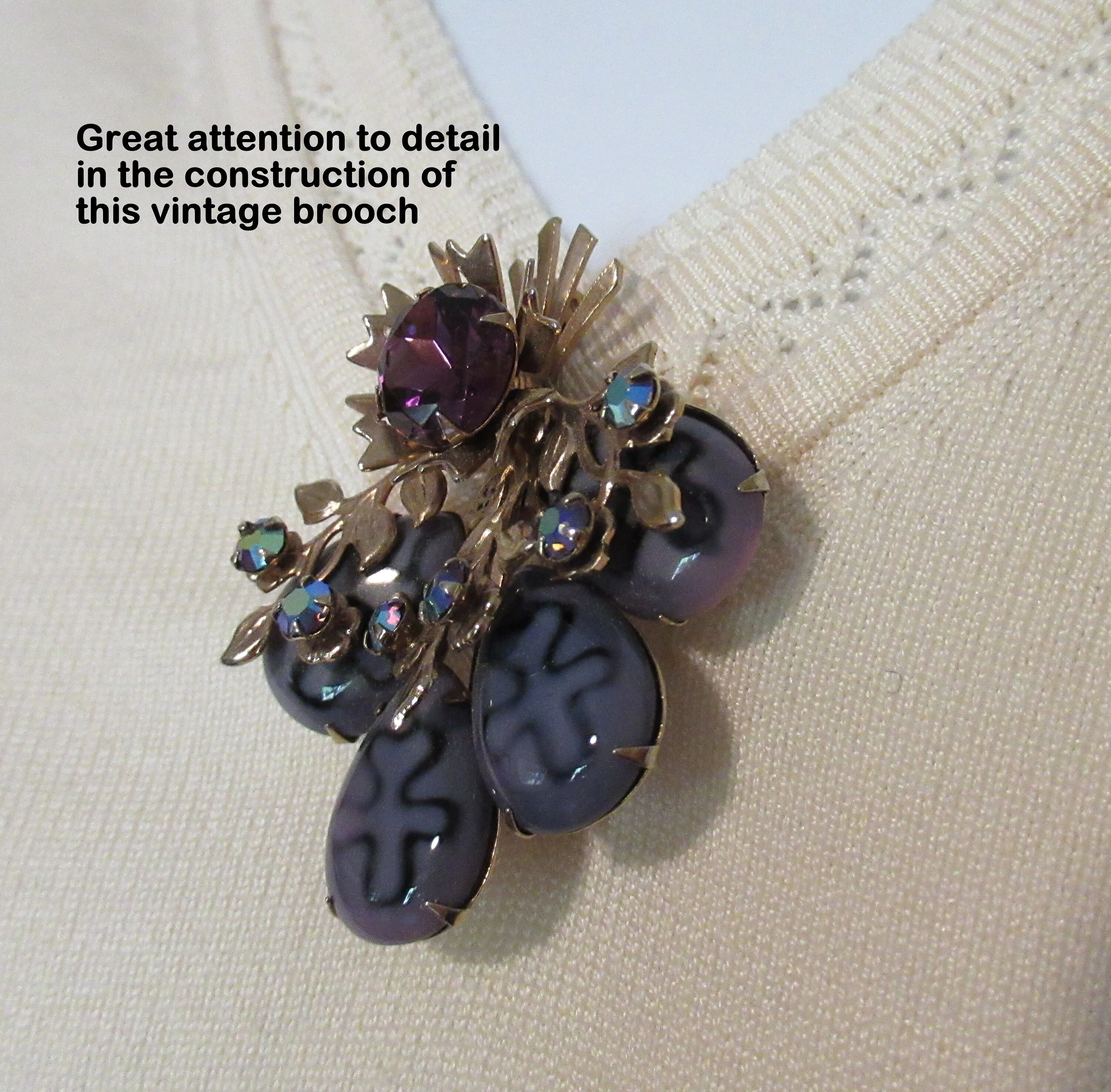 Spray of Flowers Brooch with Various Purple Rhinestones and Opaque Beads 2 by 1 and 1/2 Inch, Late 30s Or Early 40s - Image 5
