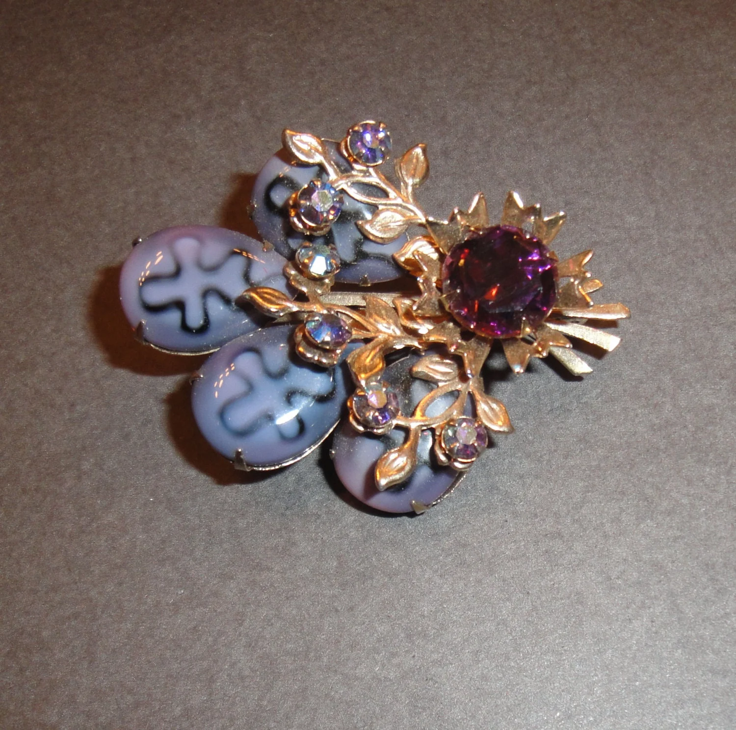 Spray of Flowers Brooch with Various Purple Rhinestones and Opaque Beads 2 by 1 and 1/2 Inch, Late 30s Or Early 40s - Image 7