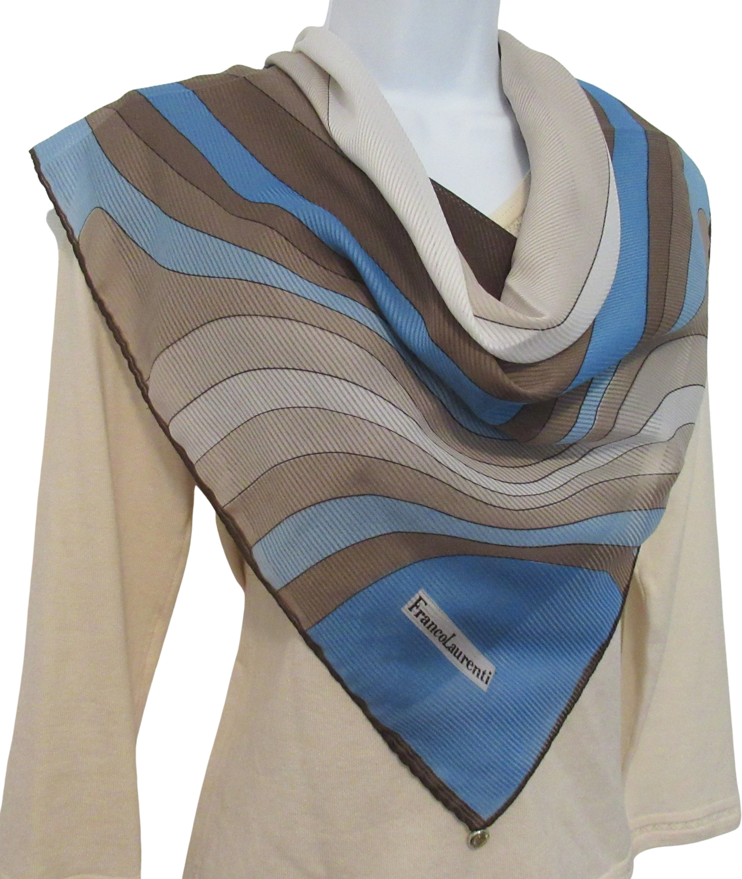 Square Scarf 35 by 34 Inch with Metal Hang Tag, Geometric Swooping Diagonal Design, Shades of Brown, Cream, Blue, Vtg Chic by Franco Laurenti