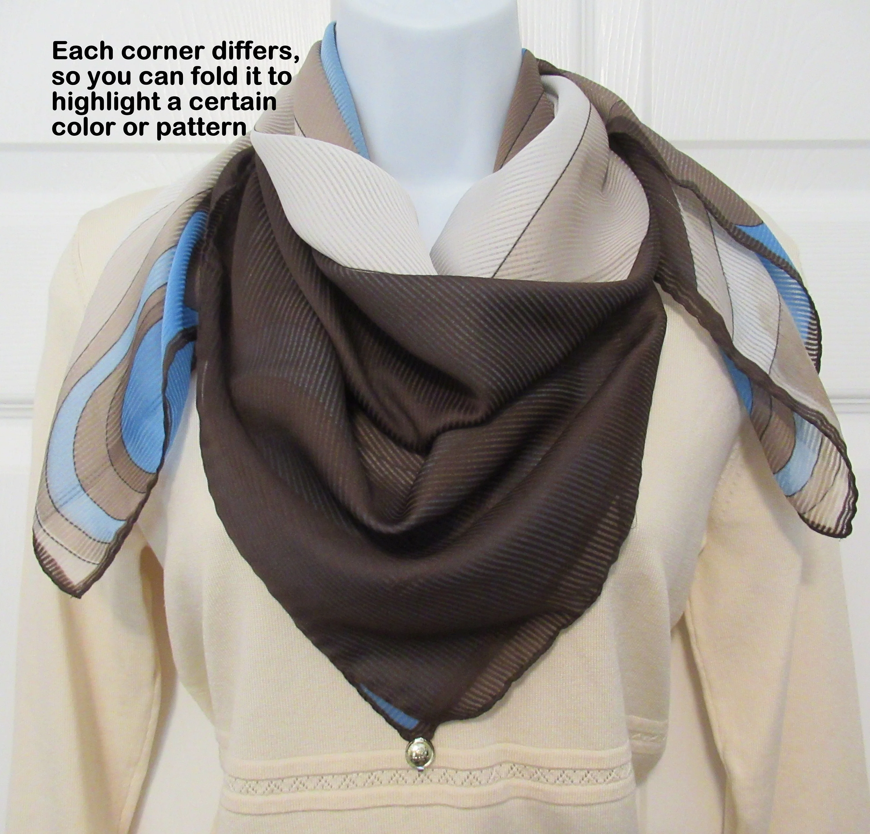 Square Scarf 35 by 34 Inch with Metal Hang Tag, Geometric Swooping Diagonal Design, Shades of Brown, Cream, Blue, Vtg Chic by Franco Laurenti - Image 10