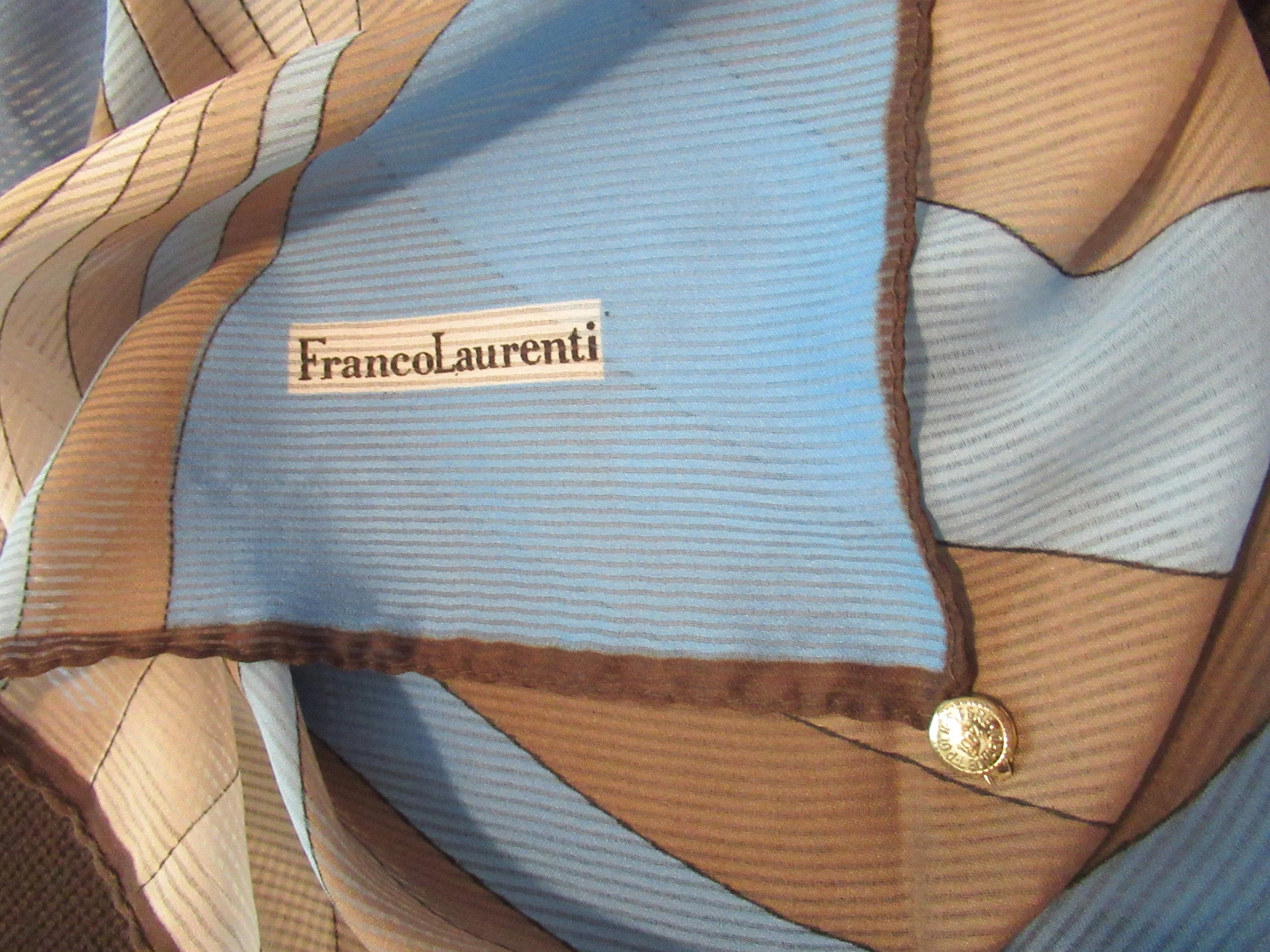 Square Scarf 35 by 34 Inch with Metal Hang Tag, Geometric Swooping Diagonal Design, Shades of Brown, Cream, Blue, Vtg Chic by Franco Laurenti - Image 2