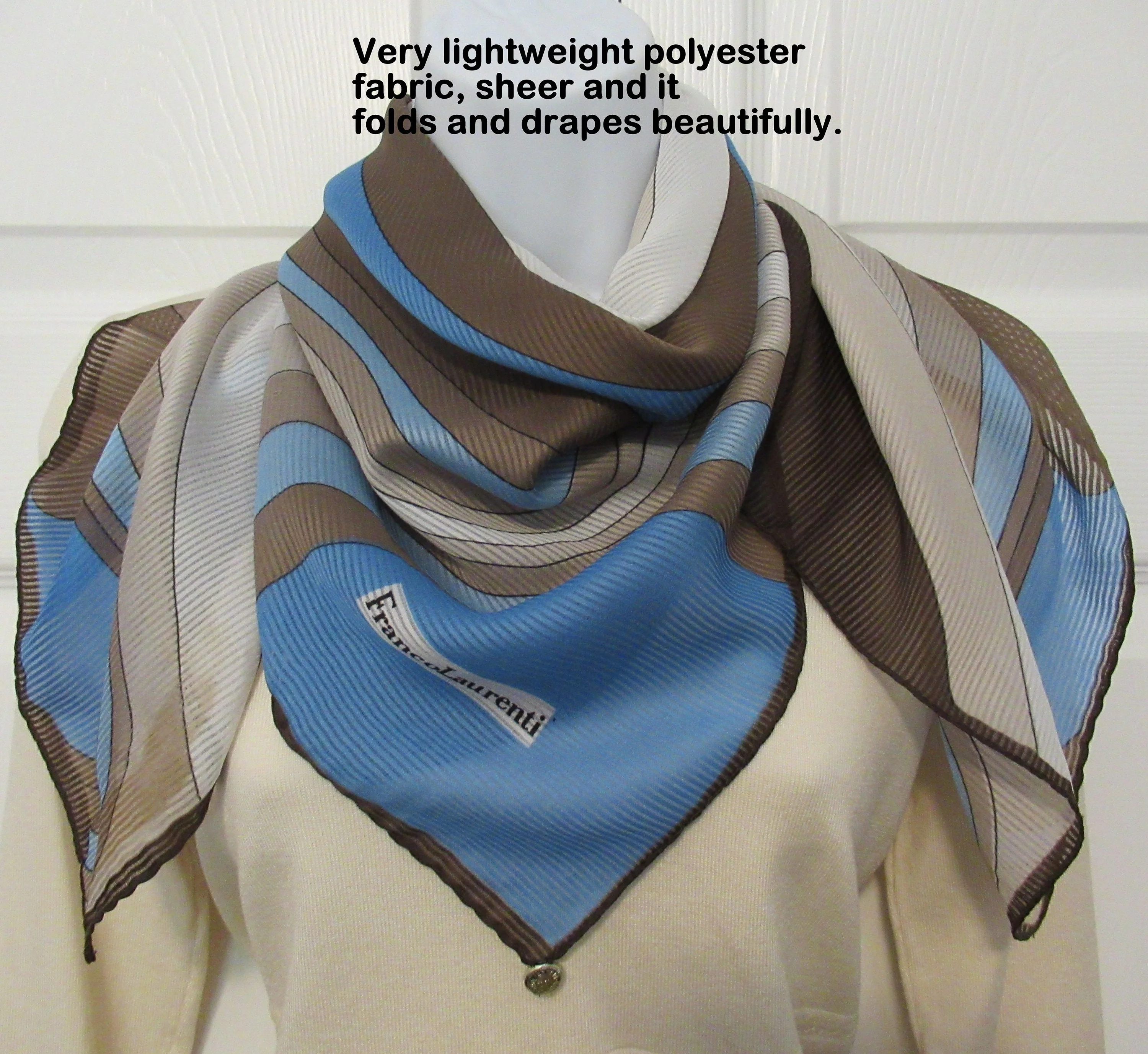 Square Scarf 35 by 34 Inch with Metal Hang Tag, Geometric Swooping Diagonal Design, Shades of Brown, Cream, Blue, Vtg Chic by Franco Laurenti - Image 3