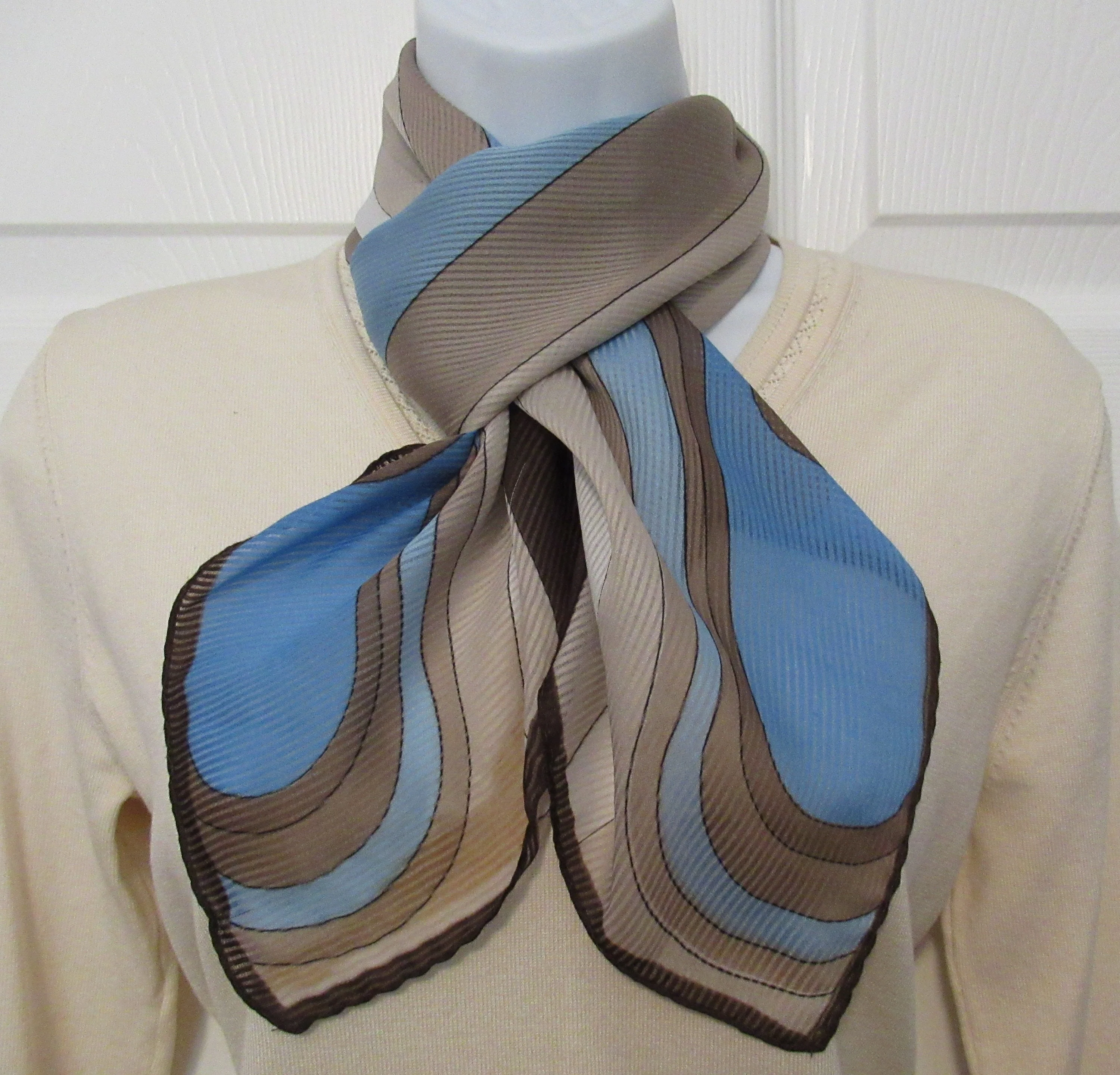 Square Scarf 35 by 34 Inch with Metal Hang Tag, Geometric Swooping Diagonal Design, Shades of Brown, Cream, Blue, Vtg Chic by Franco Laurenti - Image 4