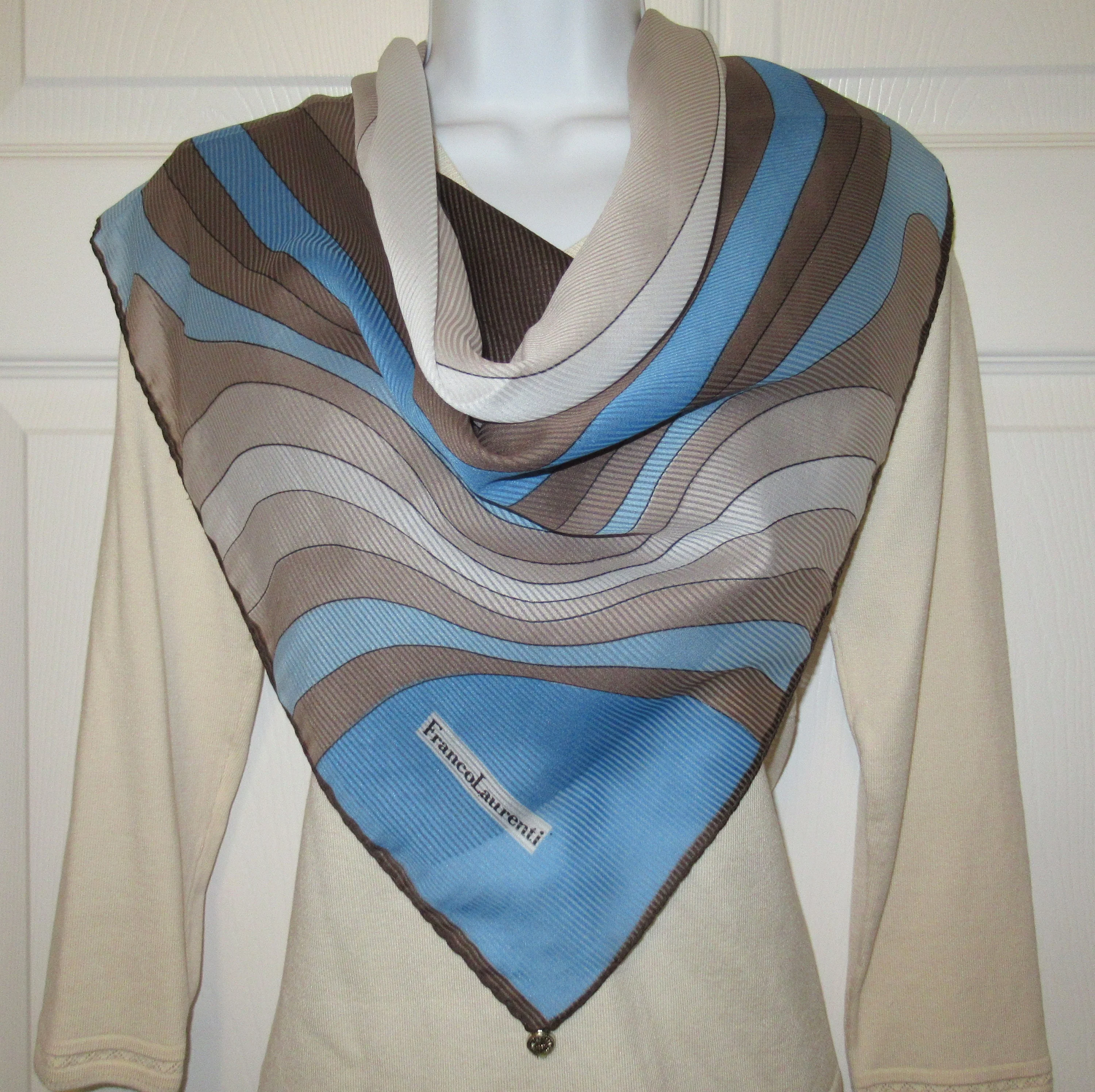 Square Scarf 35 by 34 Inch with Metal Hang Tag, Geometric Swooping Diagonal Design, Shades of Brown, Cream, Blue, Vtg Chic by Franco Laurenti - Image 5