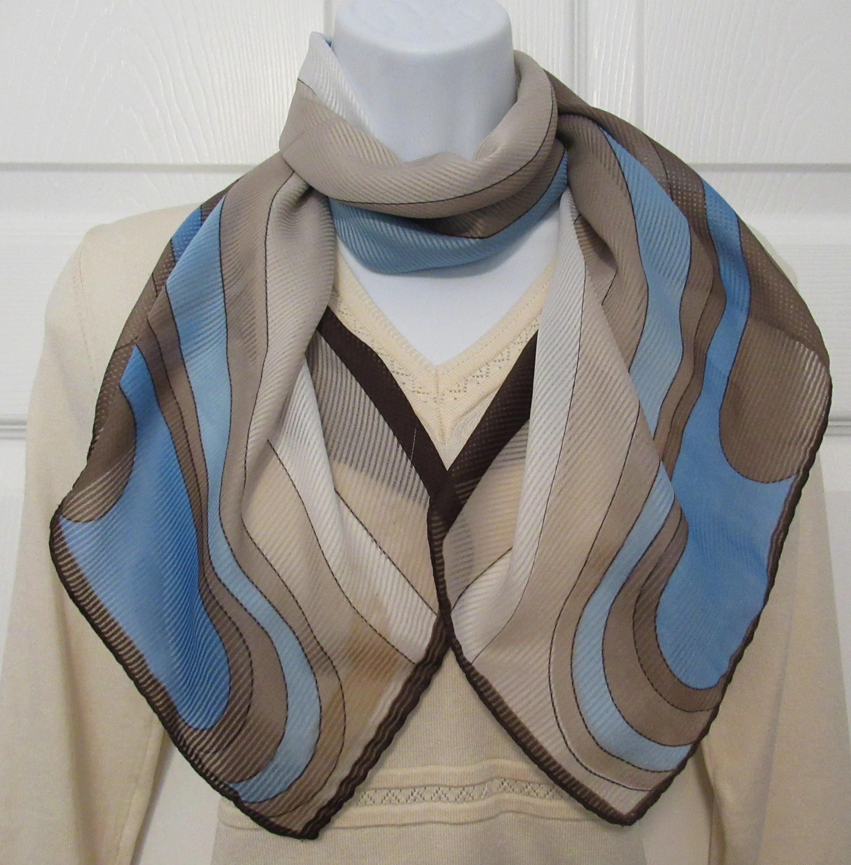 Square Scarf 35 by 34 Inch with Metal Hang Tag, Geometric Swooping Diagonal Design, Shades of Brown, Cream, Blue, Vtg Chic by Franco Laurenti - Image 7