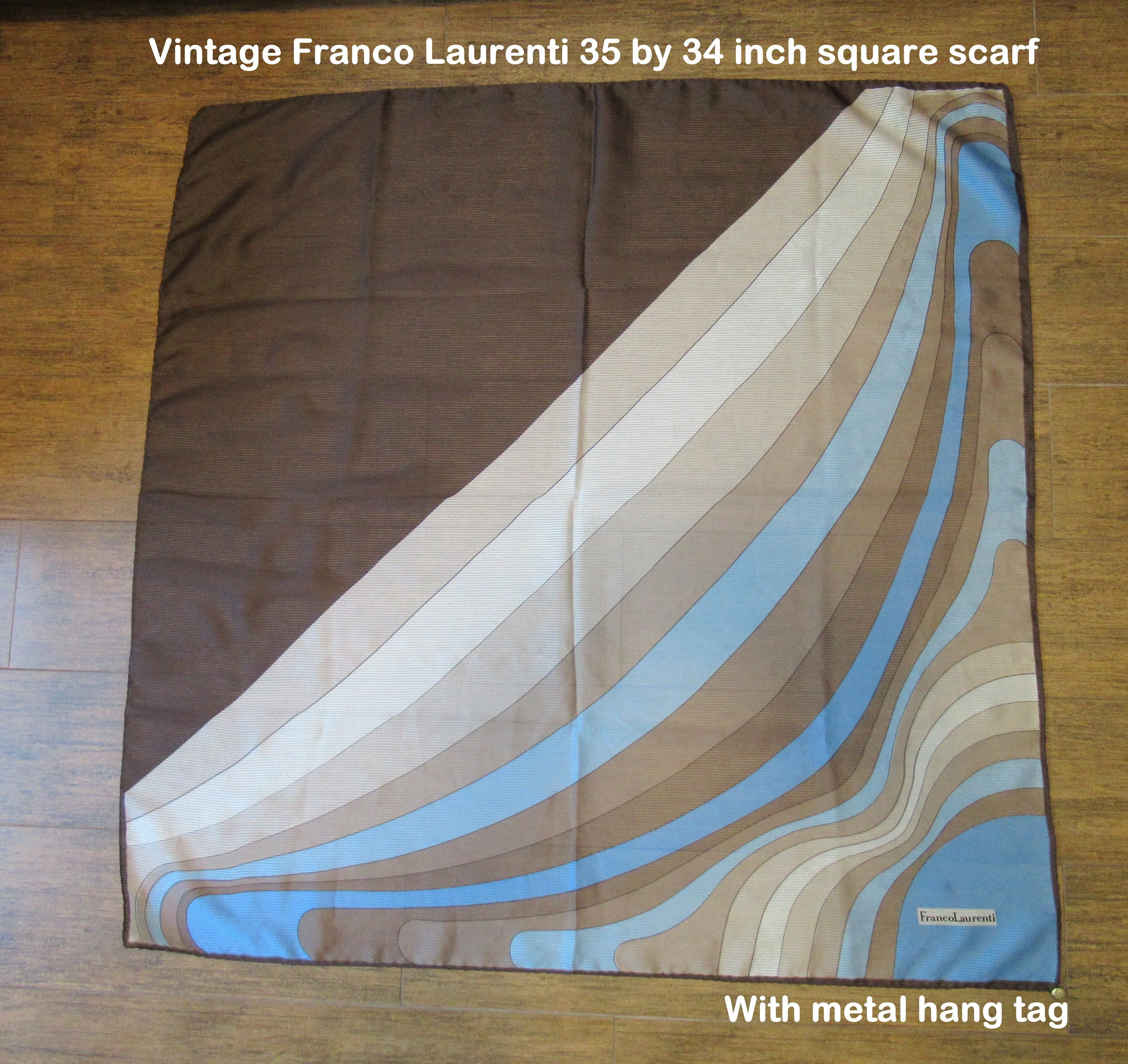 Square Scarf 35 by 34 Inch with Metal Hang Tag, Geometric Swooping Diagonal Design, Shades of Brown, Cream, Blue, Vtg Chic by Franco Laurenti - Image 8