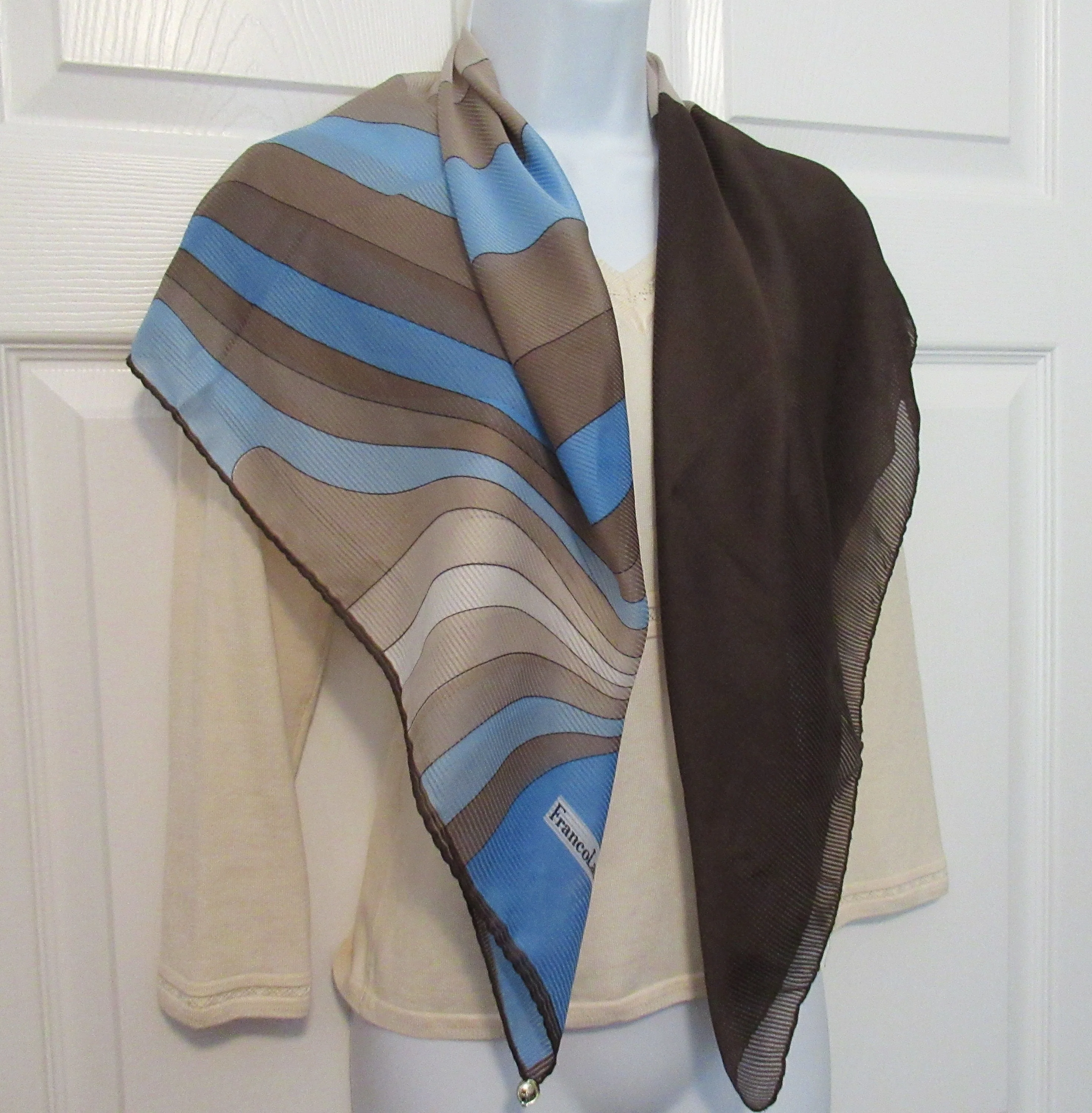 Square Scarf 35 by 34 Inch with Metal Hang Tag, Geometric Swooping Diagonal Design, Shades of Brown, Cream, Blue, Vtg Chic by Franco Laurenti - Image 9