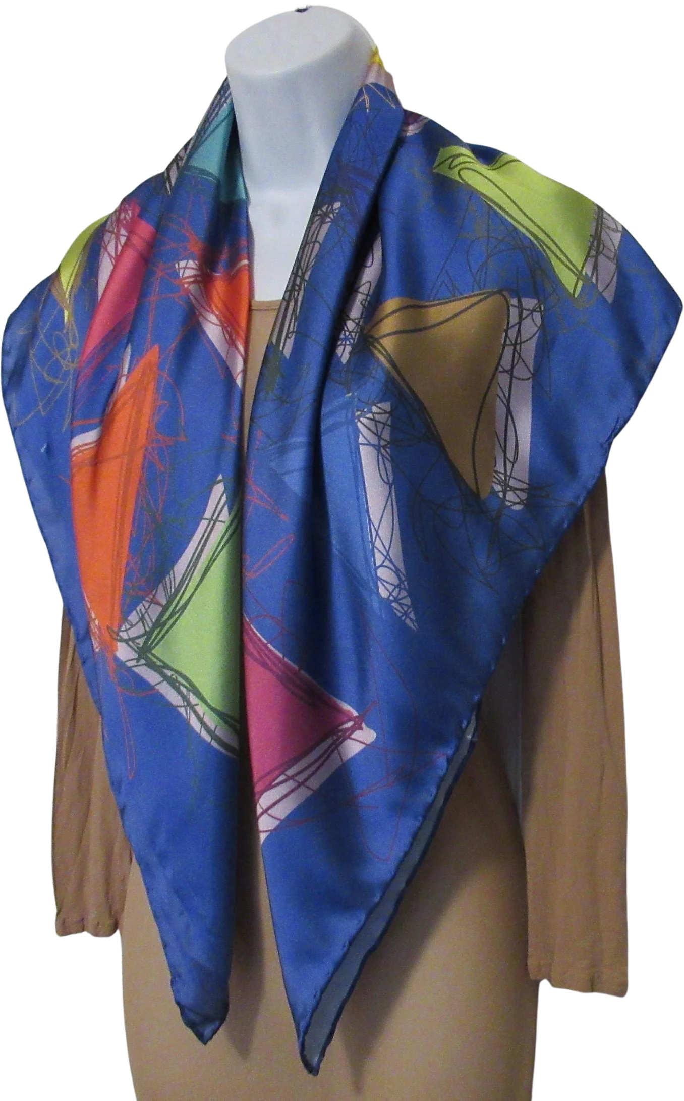 Square Scarf Heybeli Gold Made In Turkey Hand Rolled Hem Edges Abstract W Blue Pink Green Yellow Purple White Vintage by Heybeli Gold