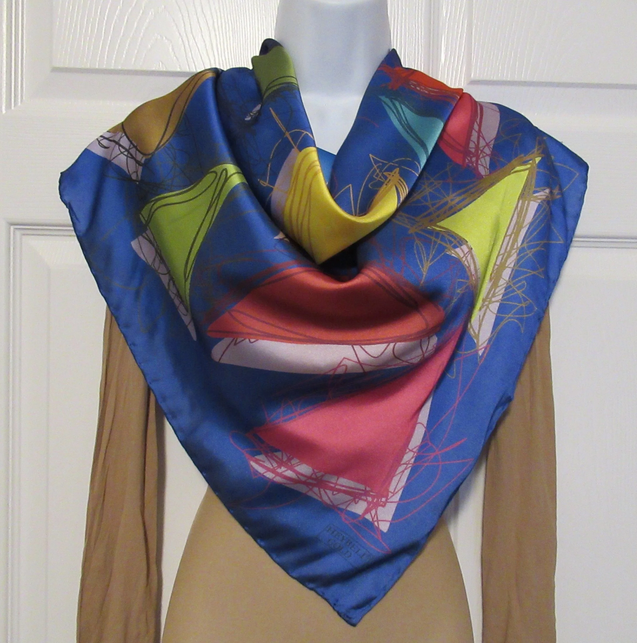 Square Scarf Heybeli Gold Made In Turkey Hand Rolled Hem Edges Abstract W Blue Pink Green Yellow Purple White Vintage by Heybeli Gold - Image 2